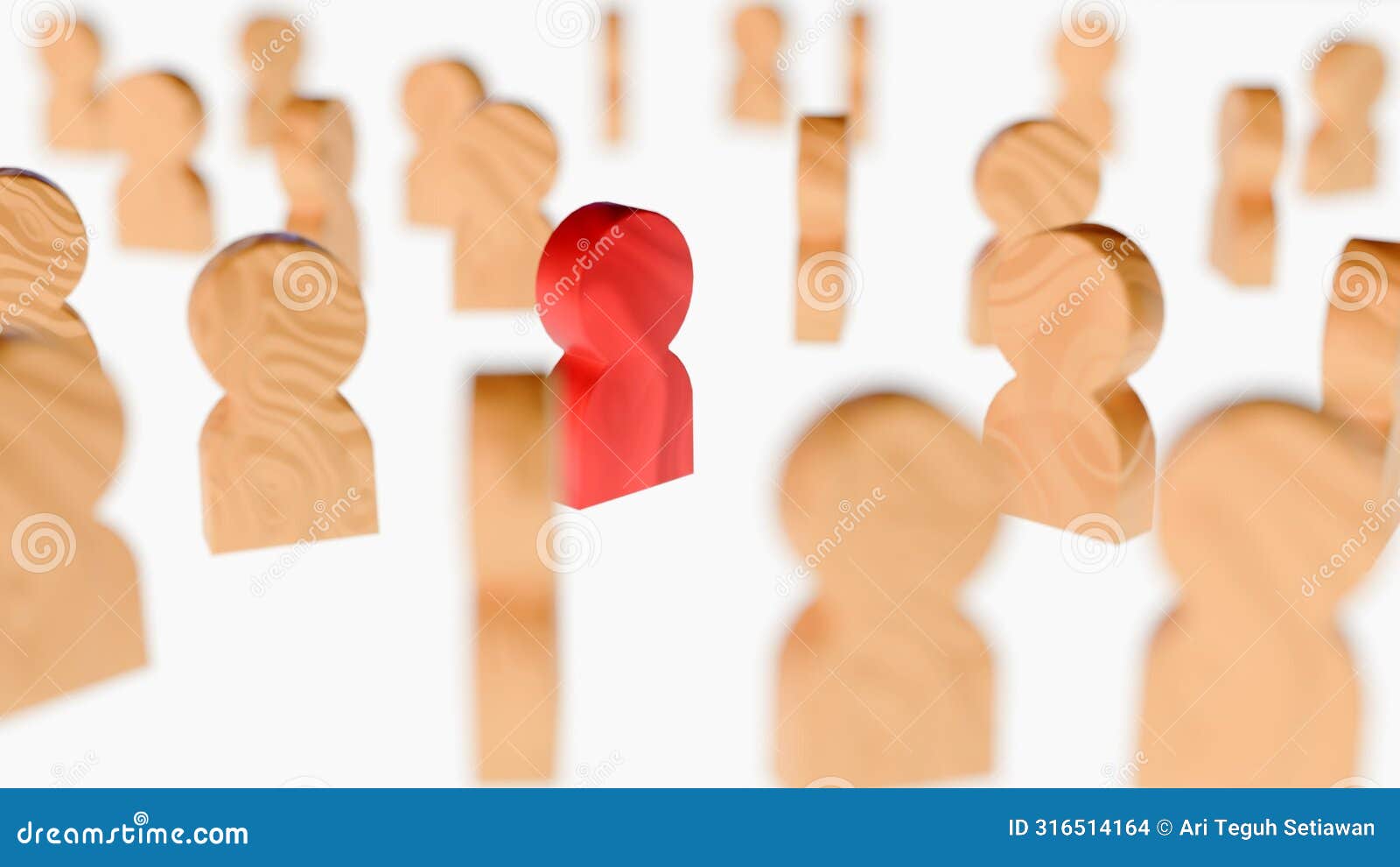 3d rendering of red human figurine among wooden figurines