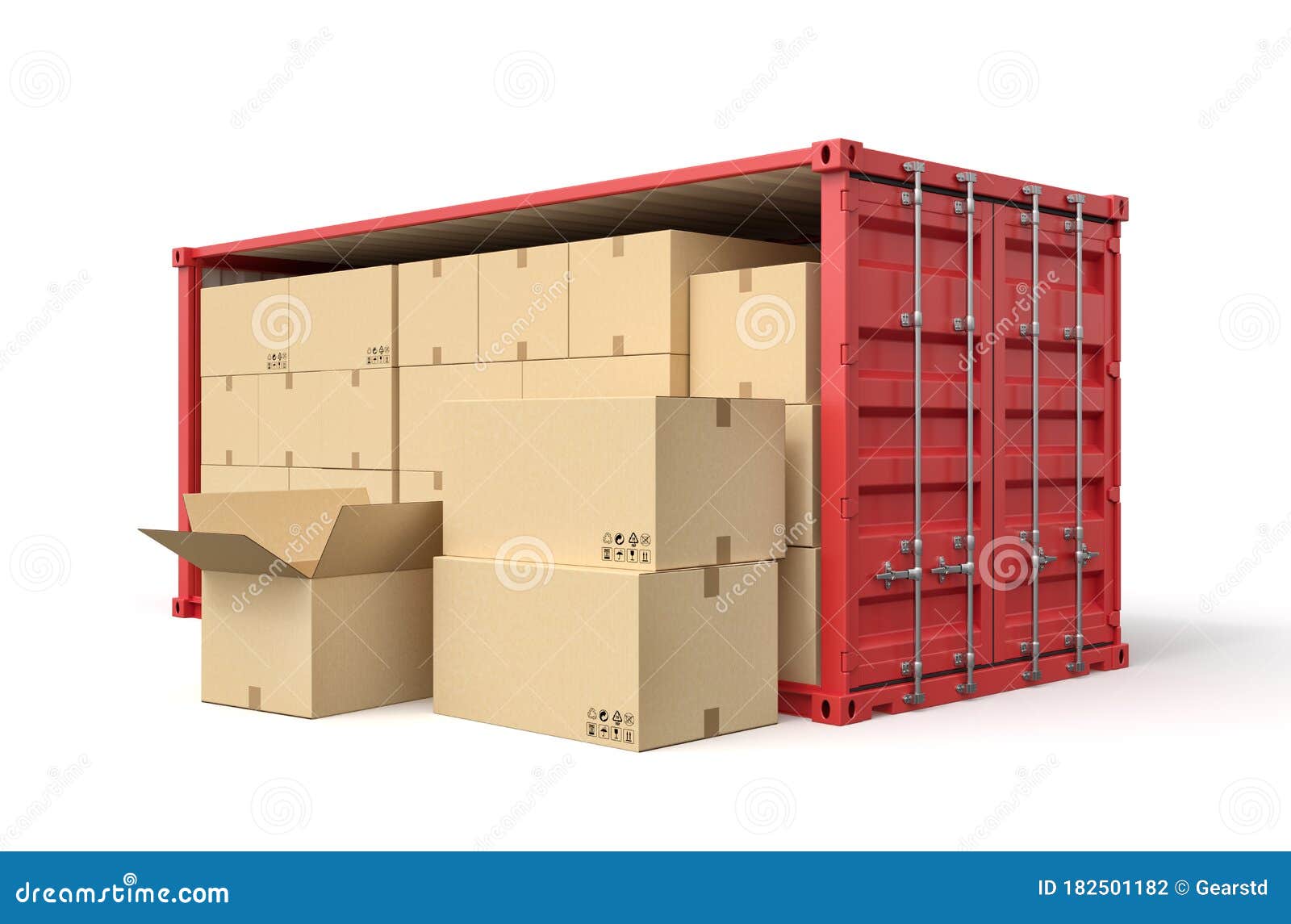 3d rendering of red open side shipping container full of cardboard packages  on white background.