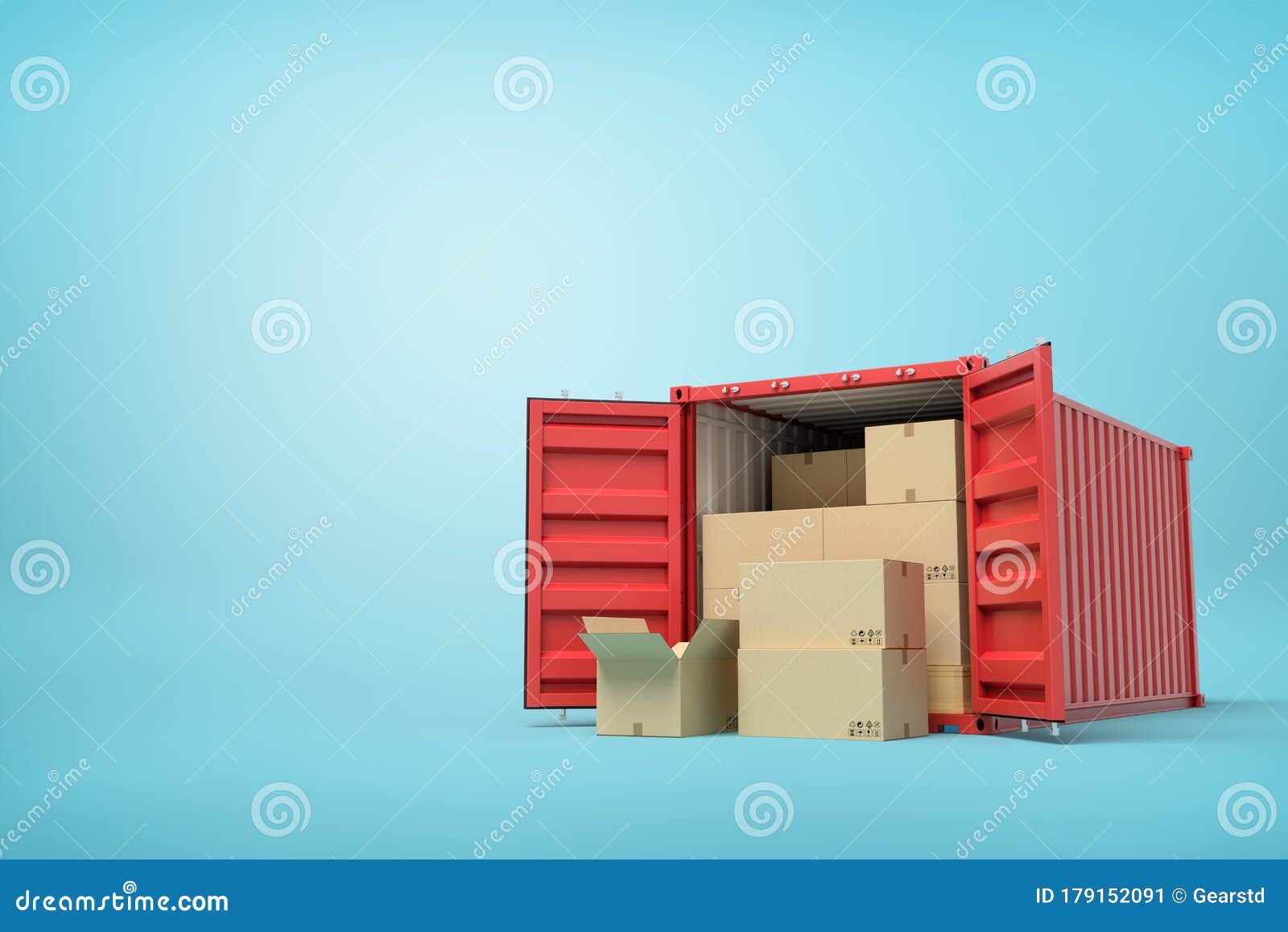 3d Rendering of Red Shipping Container Filled with Cardboard Boxes on