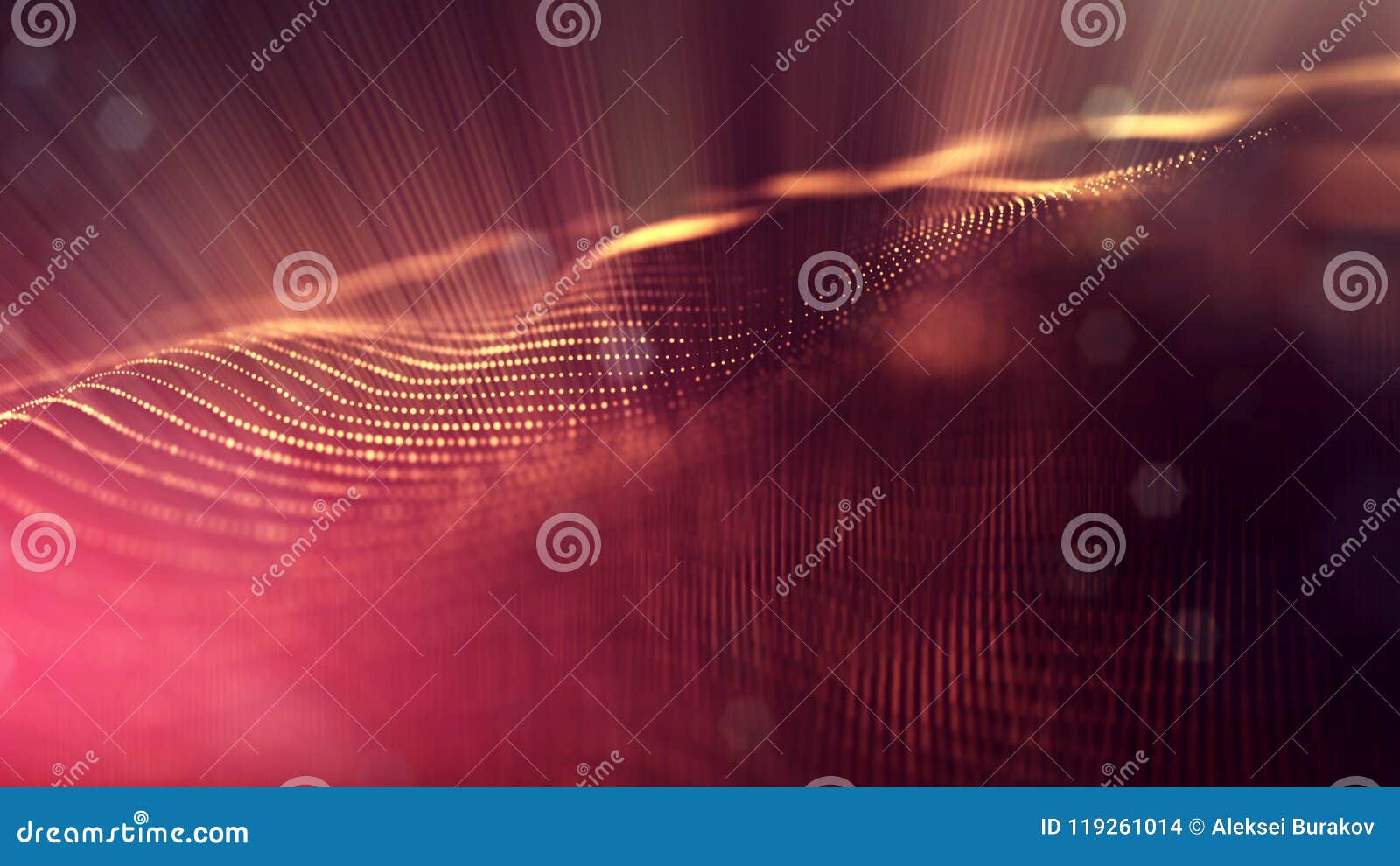 3d rendering, science fiction background of glowing particles with depth of field and bokeh. particles form line and