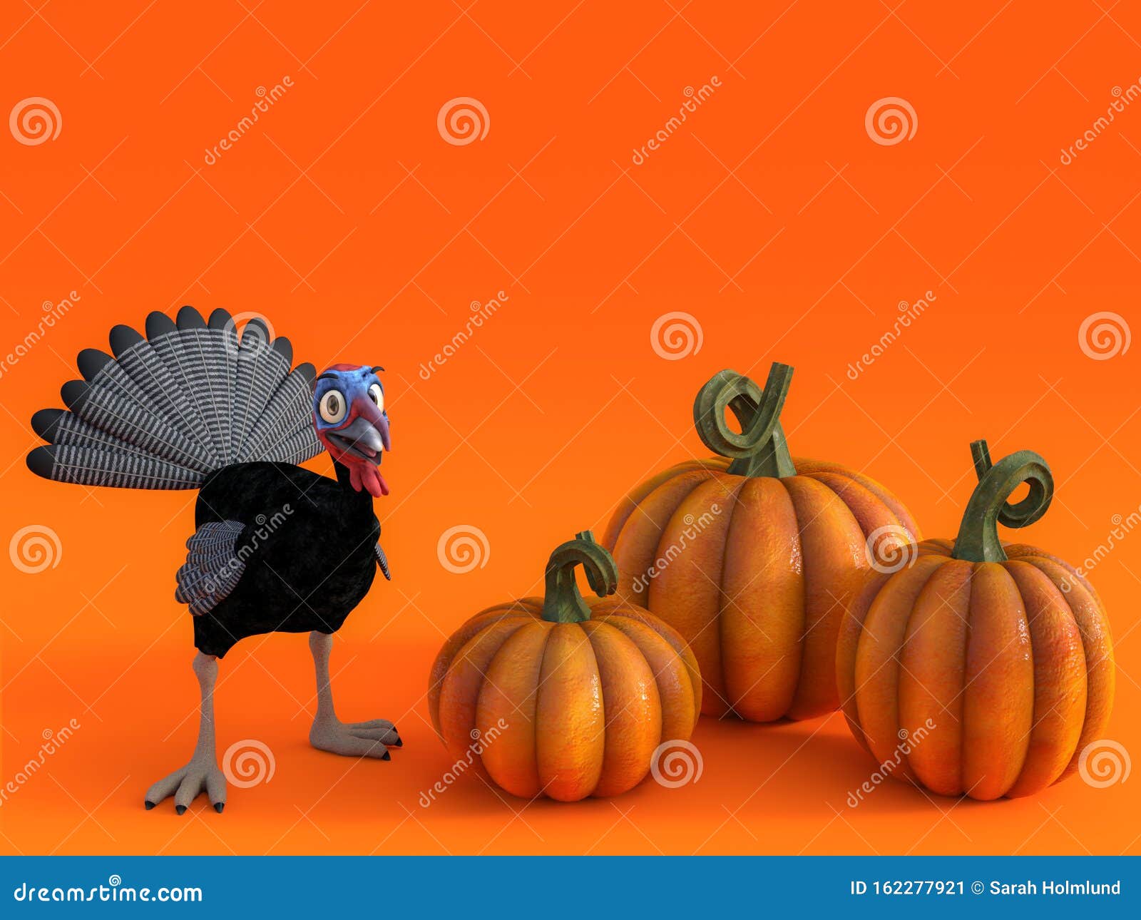 3D Rendering of a Silly Toon Turkey with Pumpkins Stock Illustration ...