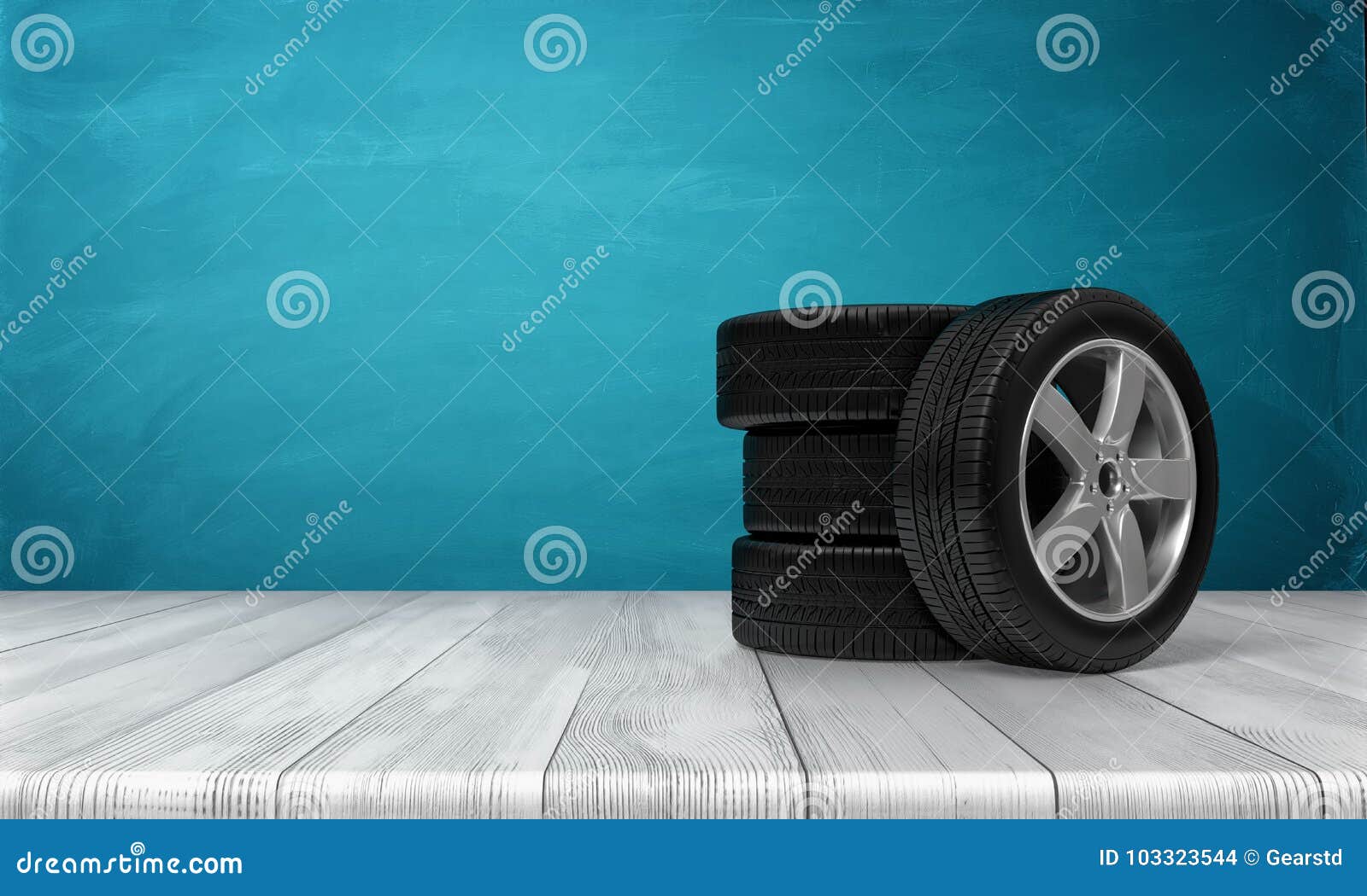 3d Rendering of a Single Car Tire Leaning on Three Tires Standing on a