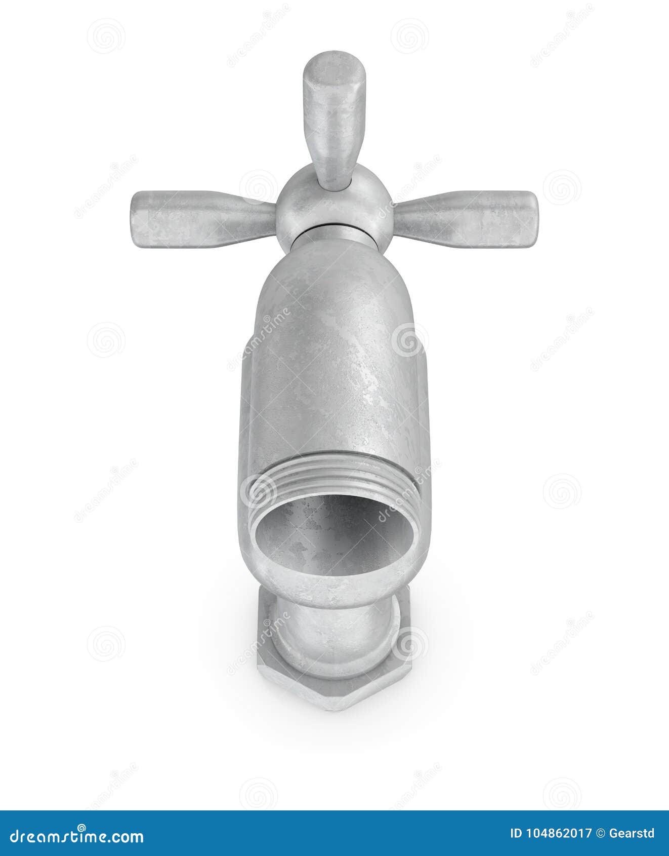 3d rendering of single metal water tap with a cross handle in a low angle view on a white background.