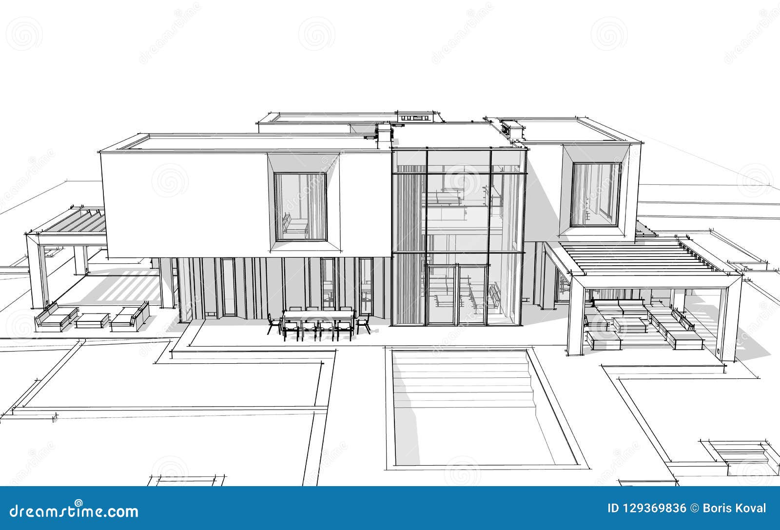 3d Rendering Sketch Of Modern House Black Line On White