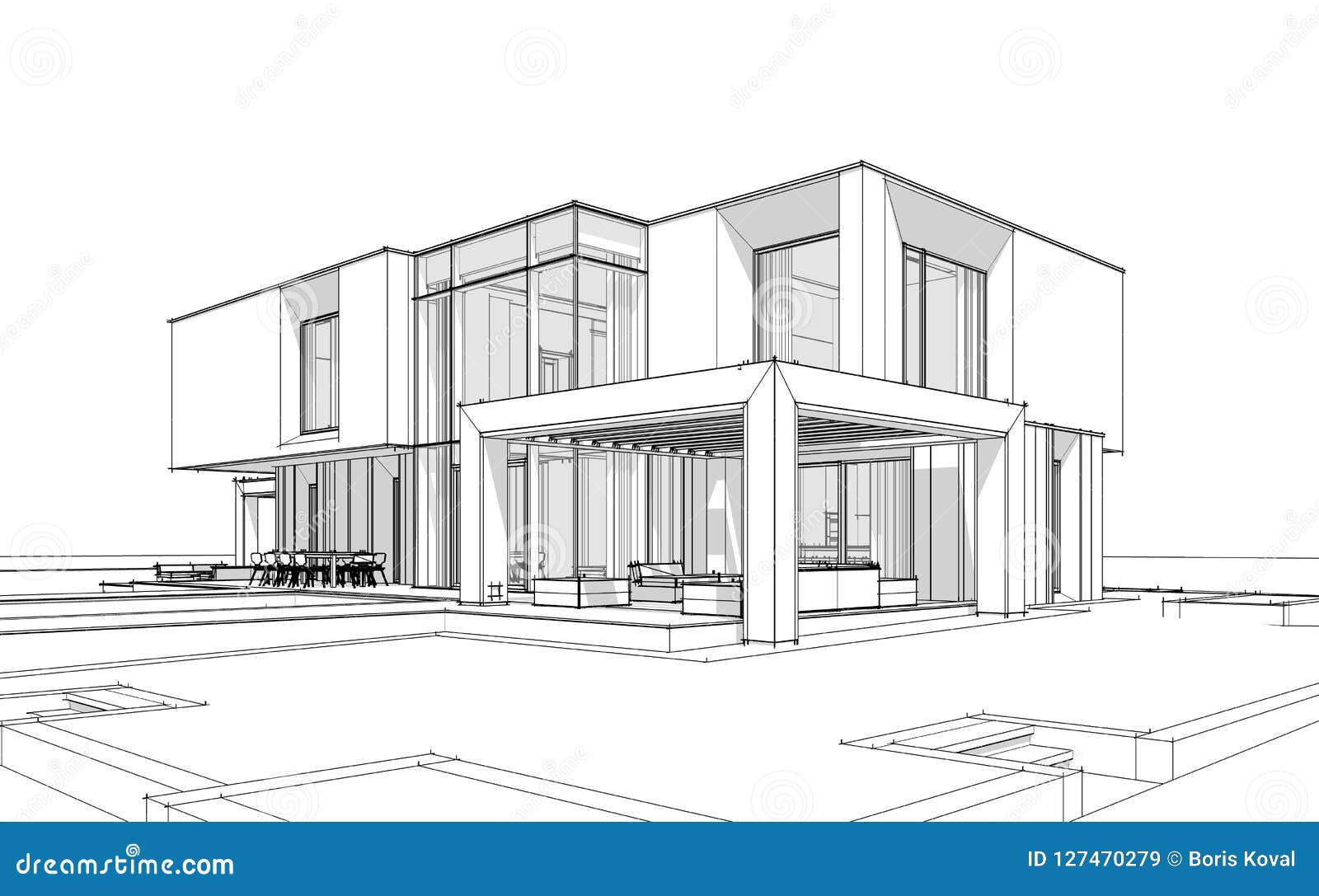 3d Rendering Sketch Of iModerni iHousei Black Line On White 