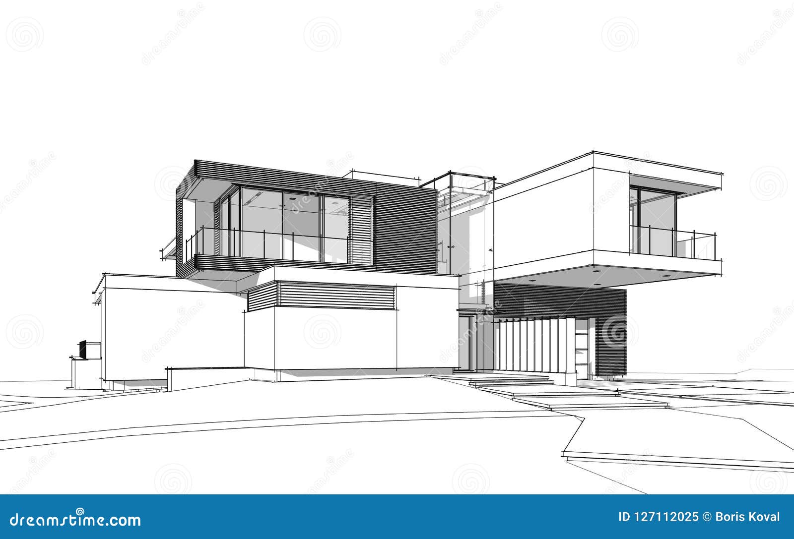  3d  Rendering Sketch Of Modern  House  Stock Illustration 