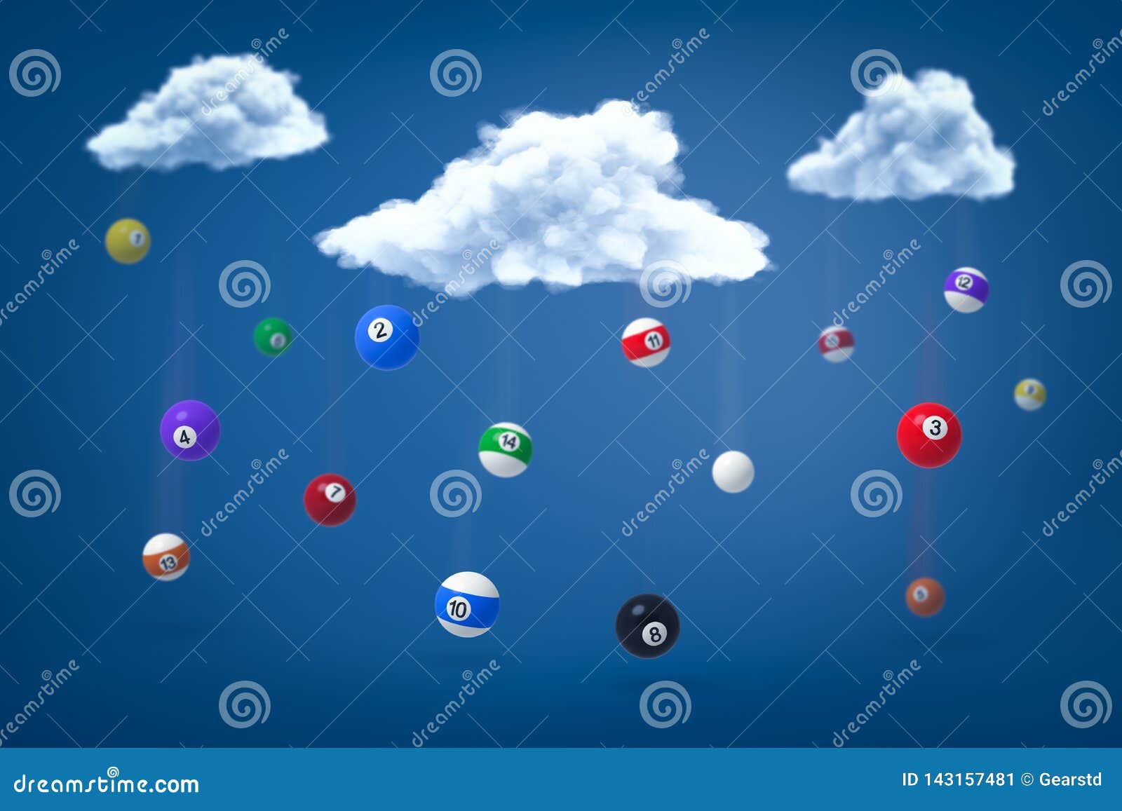 3d Rendering of Snooker Balls Falling Down from Three White Fluffy Clouds in the Blue Sky