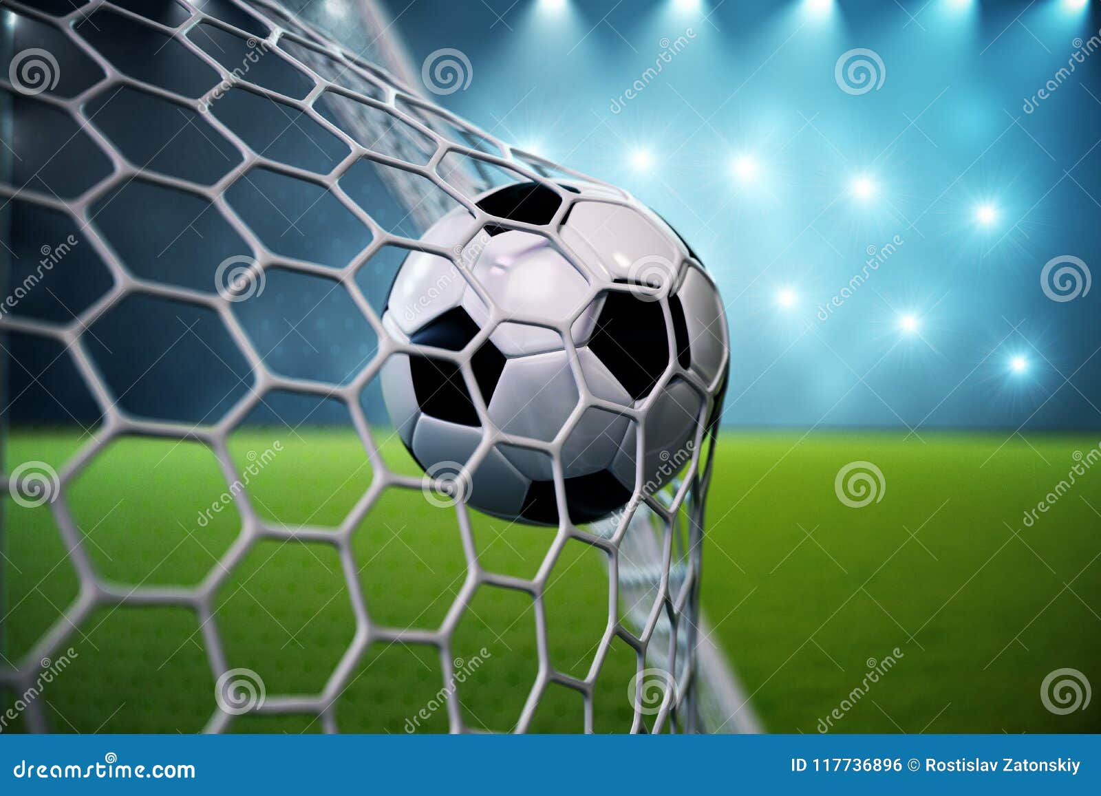 3d Rendering Soccer Ball In Goal Soccer Ball In Net With Spotlight And Stadium Light Background Success Concept Stock Illustration Illustration Of Gate Activity