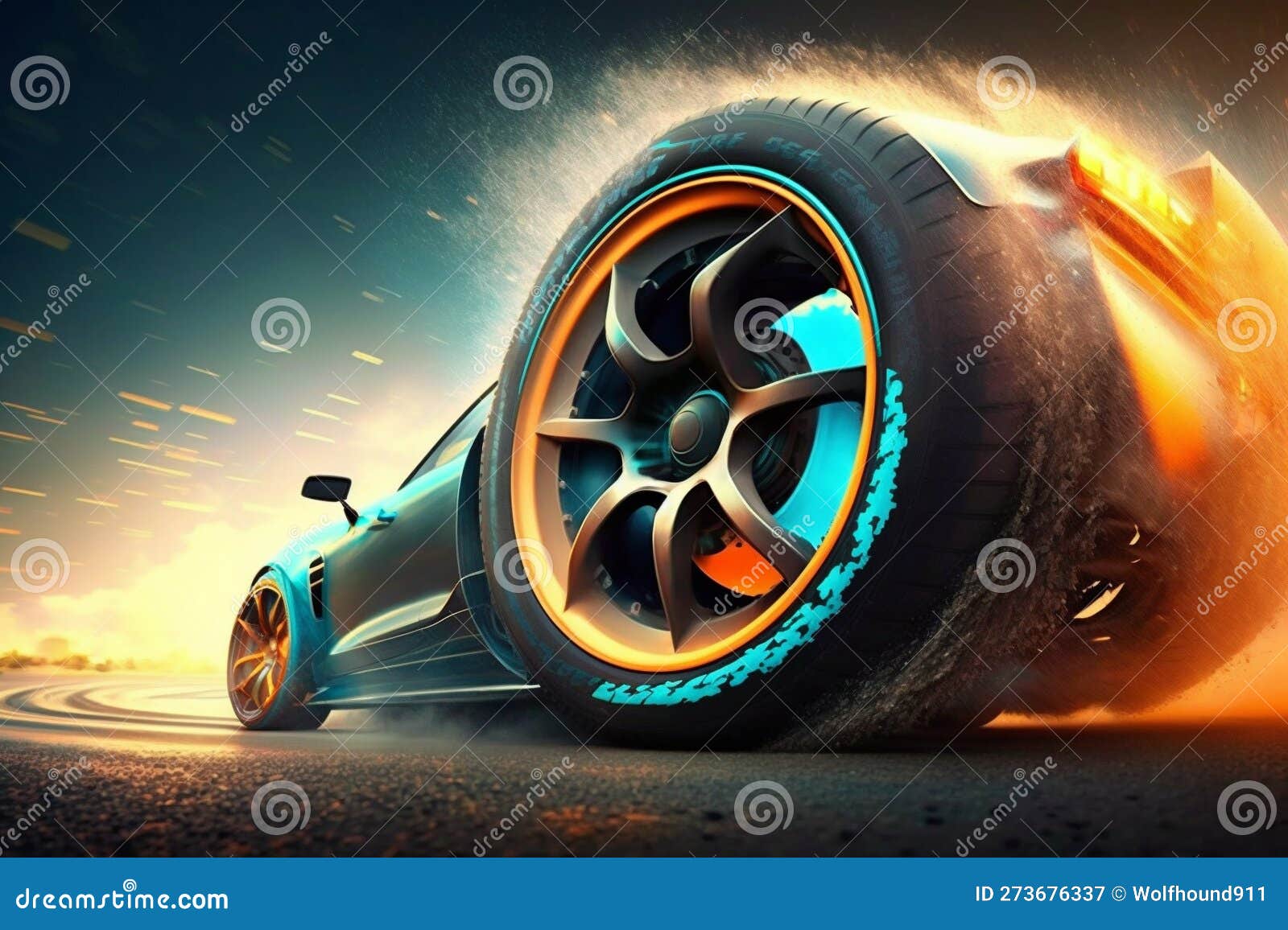 3D rendering, Sports Car Racing on race track, Car wheel drifting