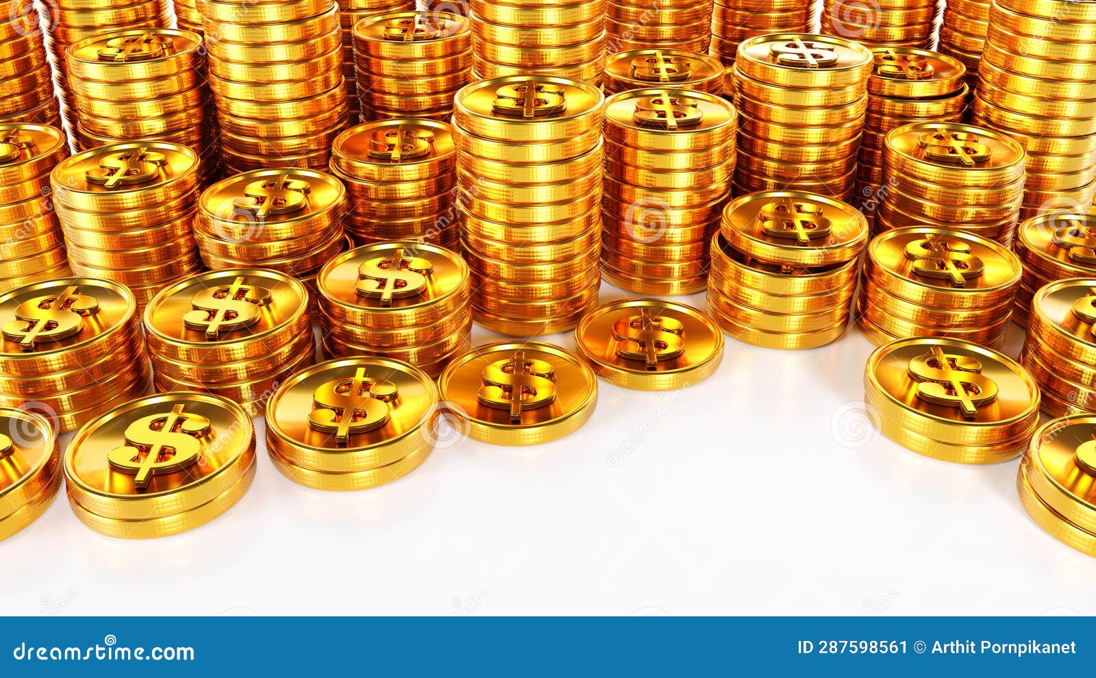 3d rendering of stack of golden coins, growing up wealthy, affluent, finacnce and business concept