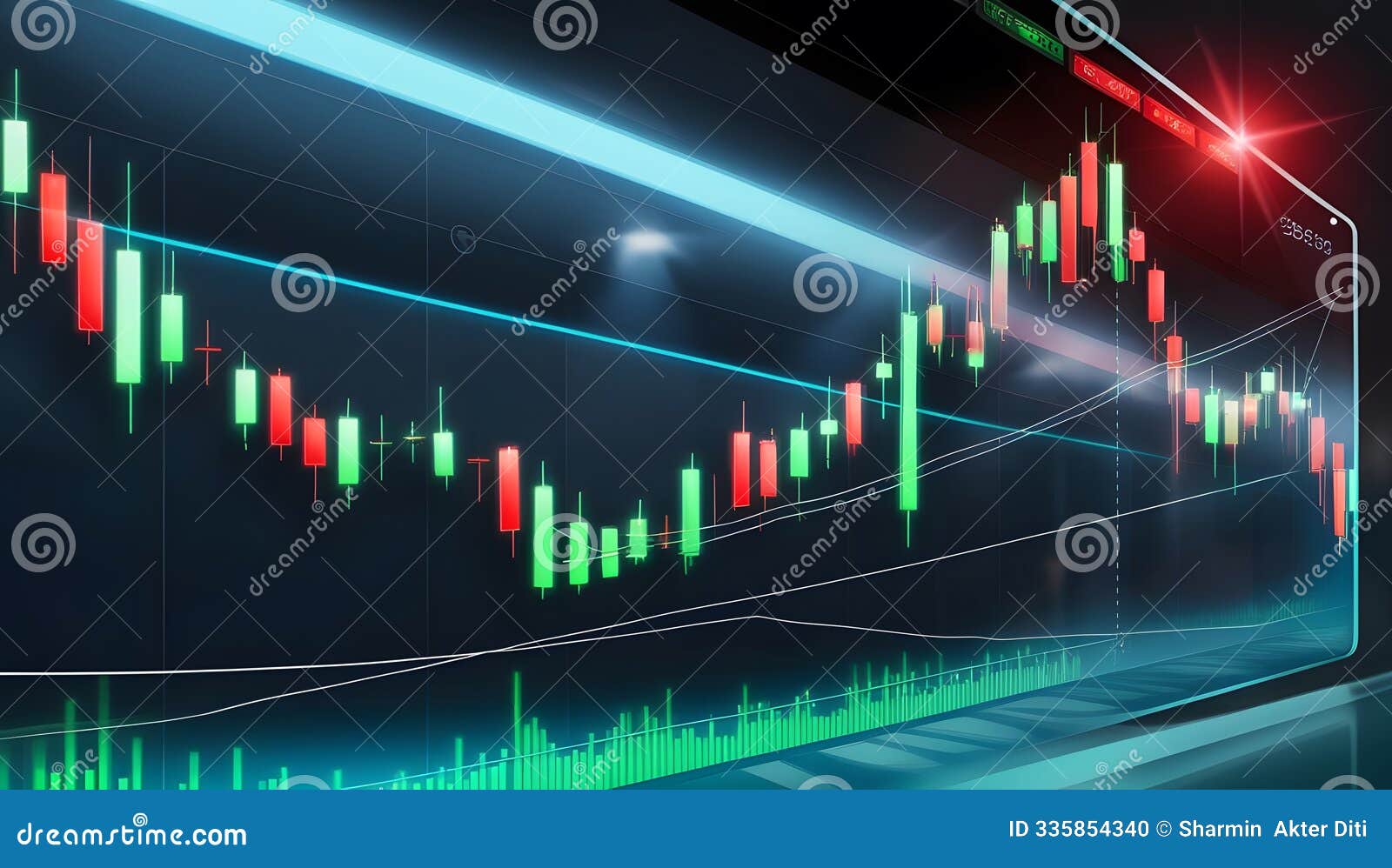 3d rendering of stock market graph and candlestick chart on digital screen