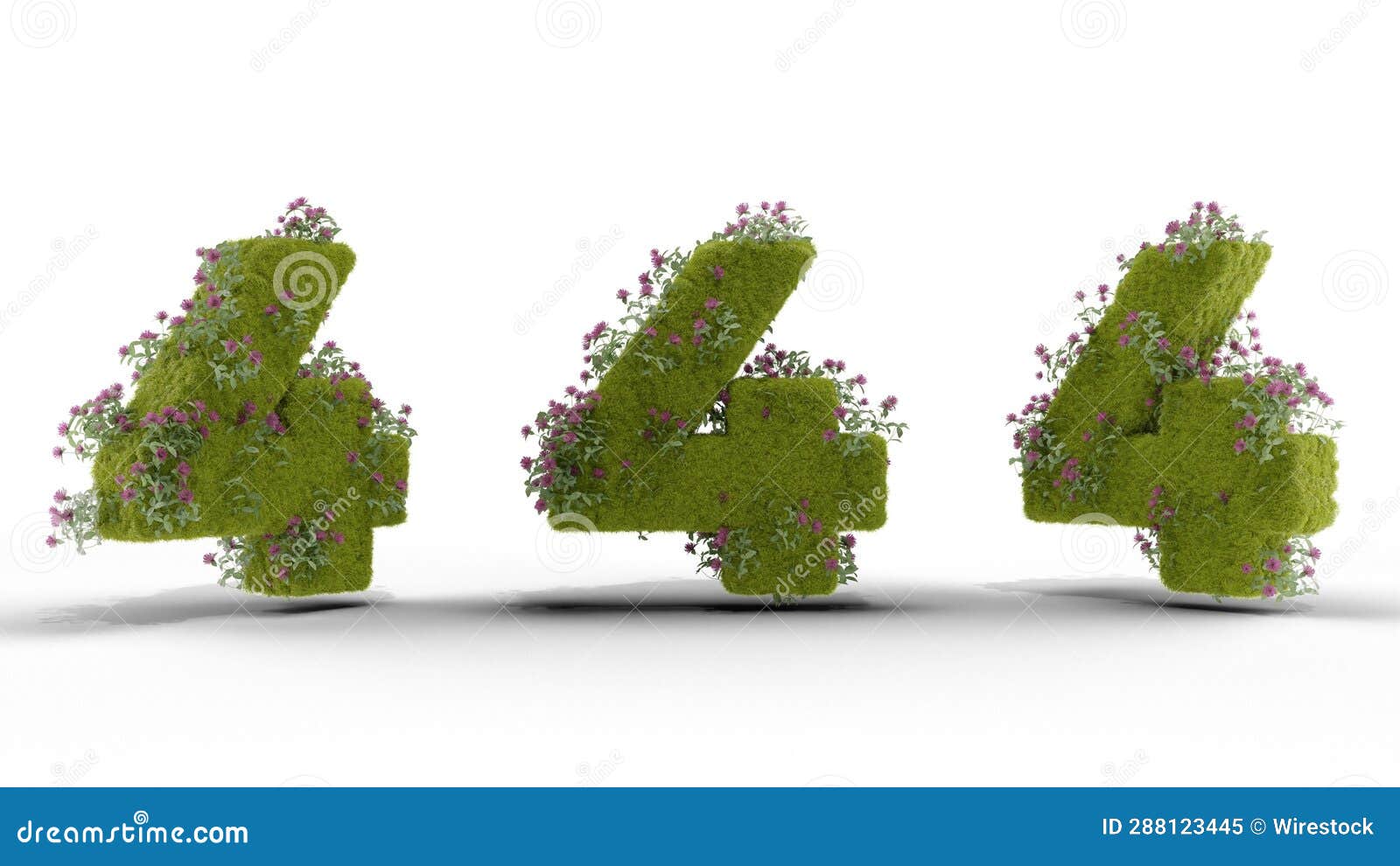 3D Rendering of Three Green Numbers Four Decorated with Grass and ...