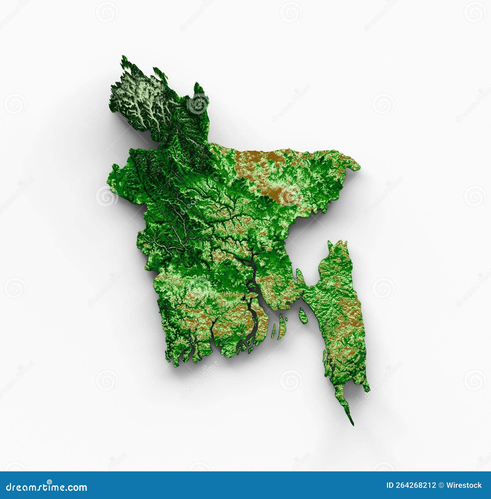 3D Rendering of a Topography Map of Bangladesh Isolated on a White