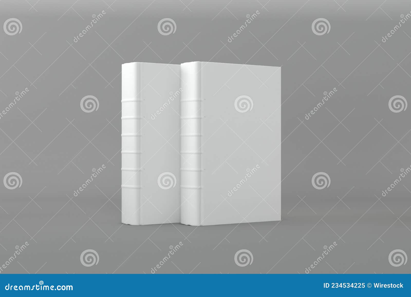 rendering of two books with white covers and copy space over a gray background
