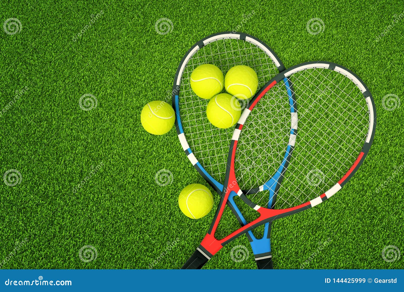 3d Rendering of Two Tennis Rackets and Yellow Tennis Balls on Green Grass  Background Stock Illustration - Illustration of fitness, game: 144425999