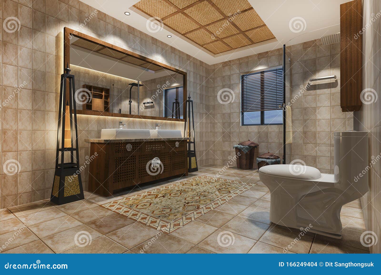 3d Rendering Vintage Bathroom with Luxury Tropical Tile Decor Stock