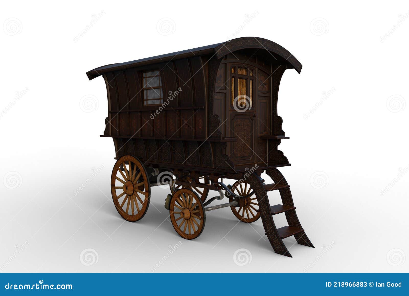 3d rendering of a vintage wooden romany gypsy caravan  on white