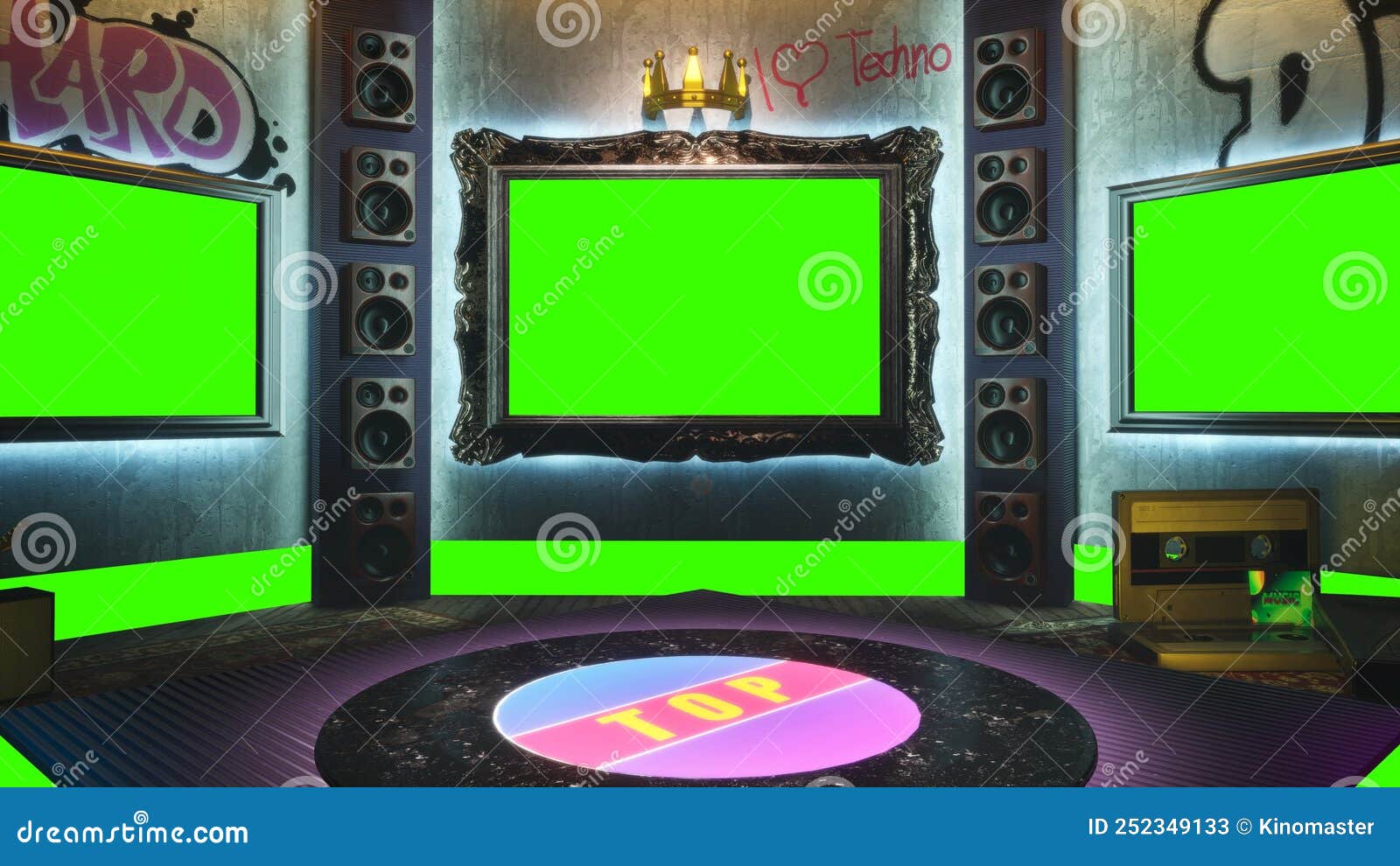 3D Rendering Virtual Studio with Music Stage. Displays with Green Screen  Banners Mock Up, Loudspeakers, Cassette and Stock Illustration -  Illustration of virtual, advertising: 252349133