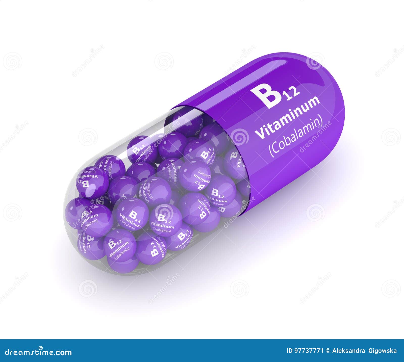 3d Rendering Vitamin B12 Pill with Granules Over White Stock