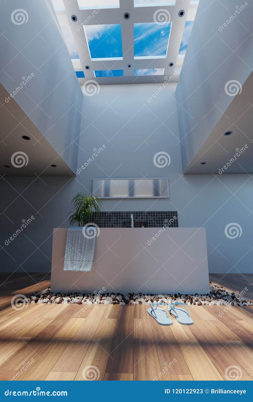 3d Rendering Of White Bathroom With Glass Roof And Laminate Floor