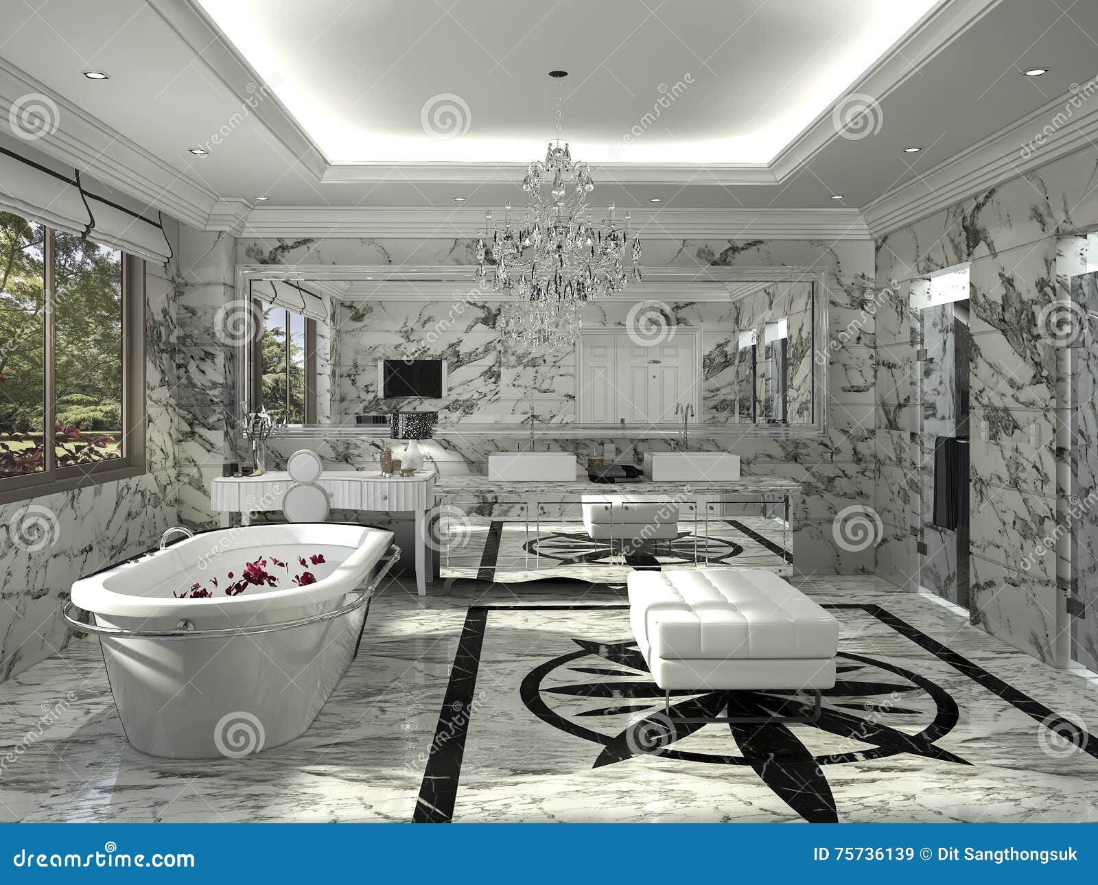 3D Rendering White Clean Classic Bathroom With Marble Tile Stock