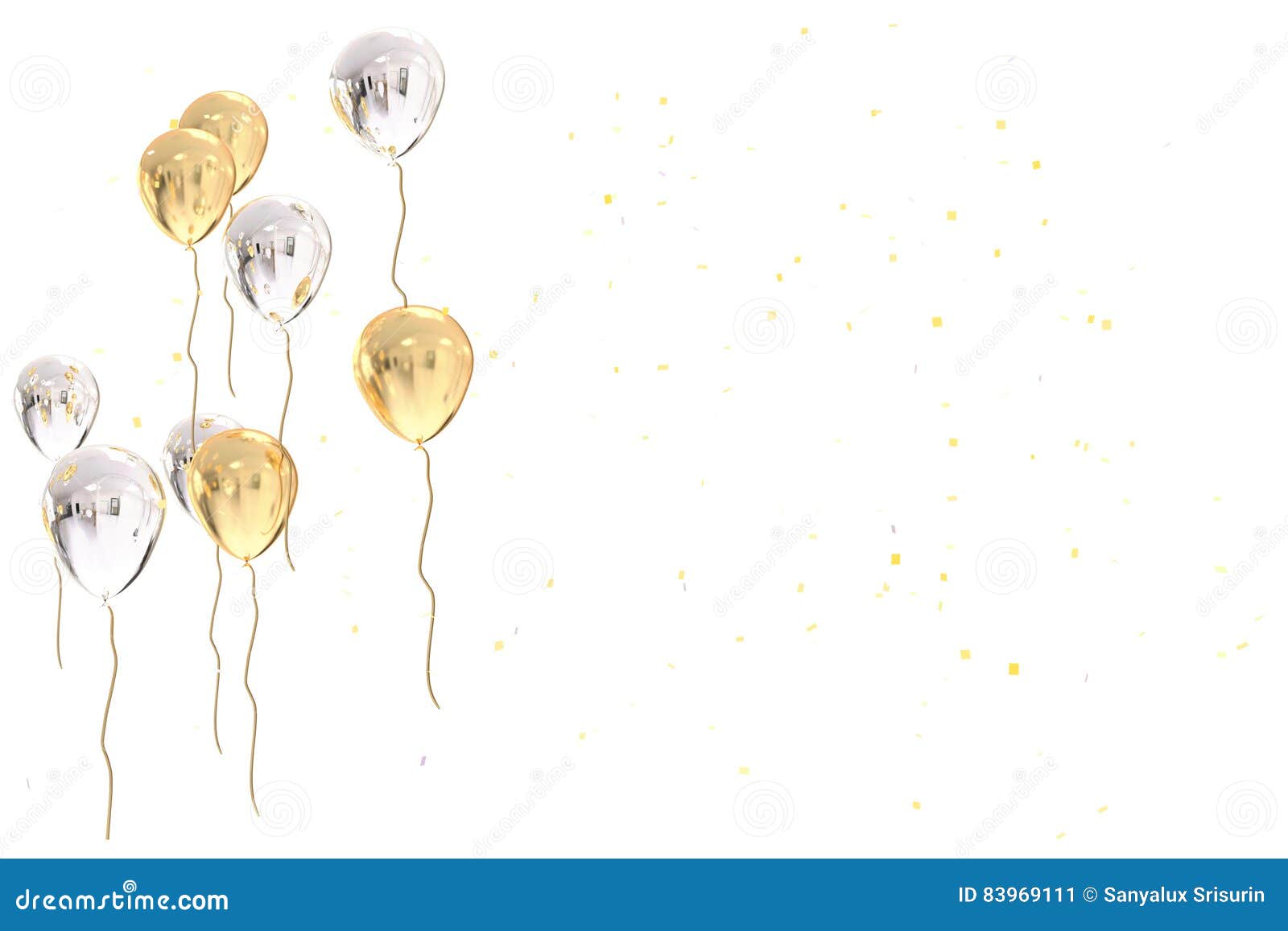 3D rendering of white, silver and golden balloons on white background with glitter