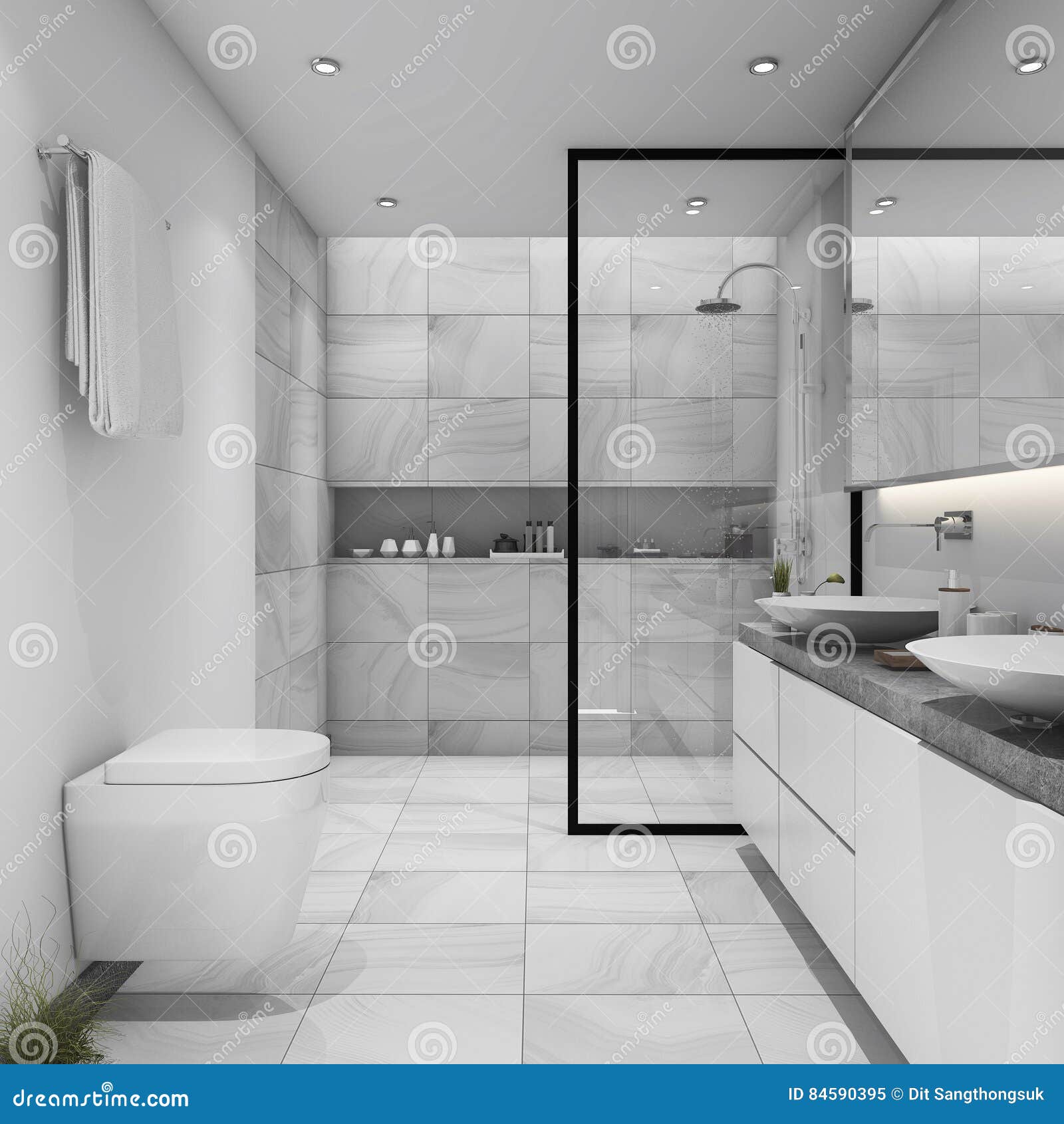 3d Rendering White Tile Modern Bathroom Stock Illustration ...