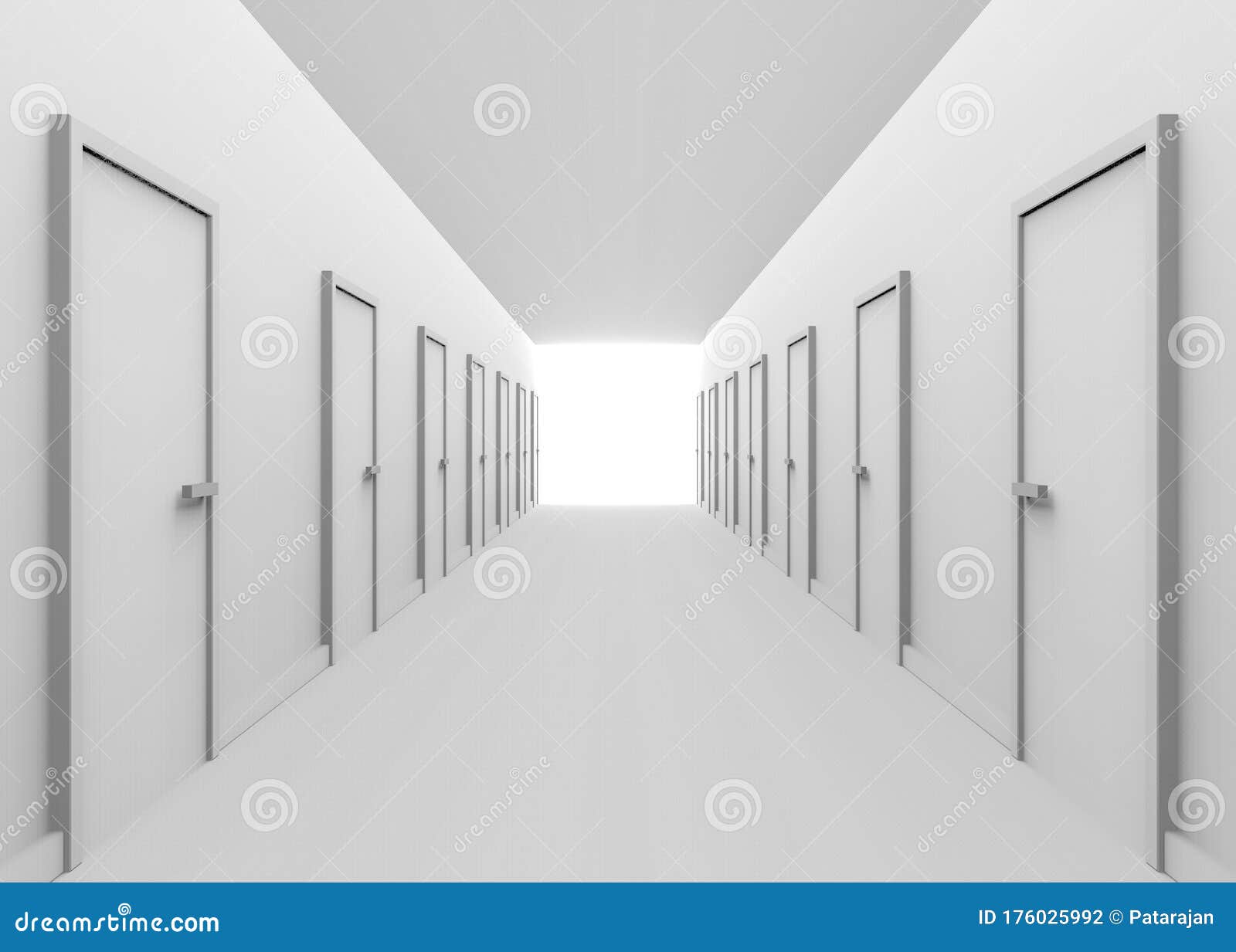 3d rendering. white tone hallway and many doors with light and the end of the way. several selection to the goal or success in bus