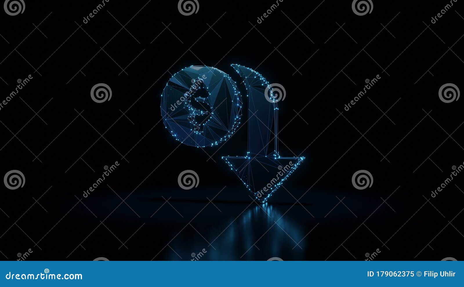 3d rendering wireframe neon glowing  of devaluation on black background with reflection
