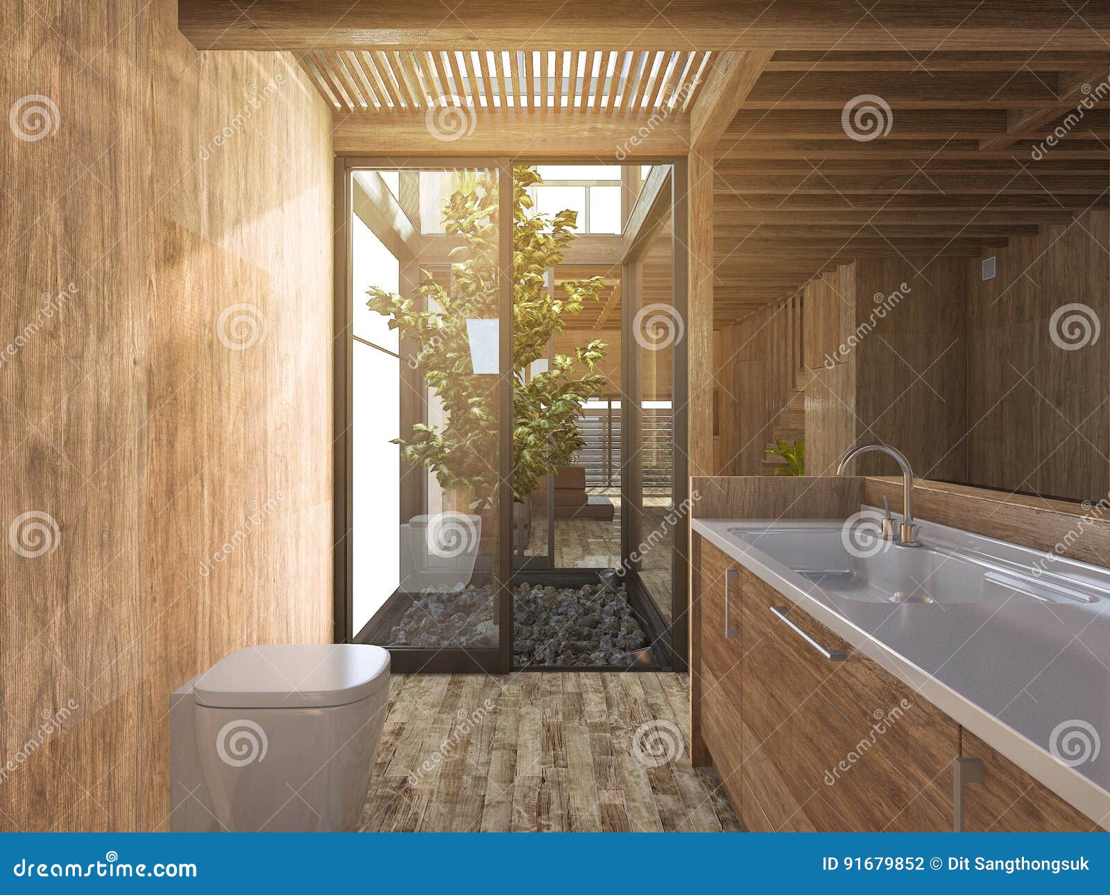 3d Rendering Wood Bathroom Near Japanese Zen Rock Garden In Wood House Stock Illustration Illustration Of Contemporary