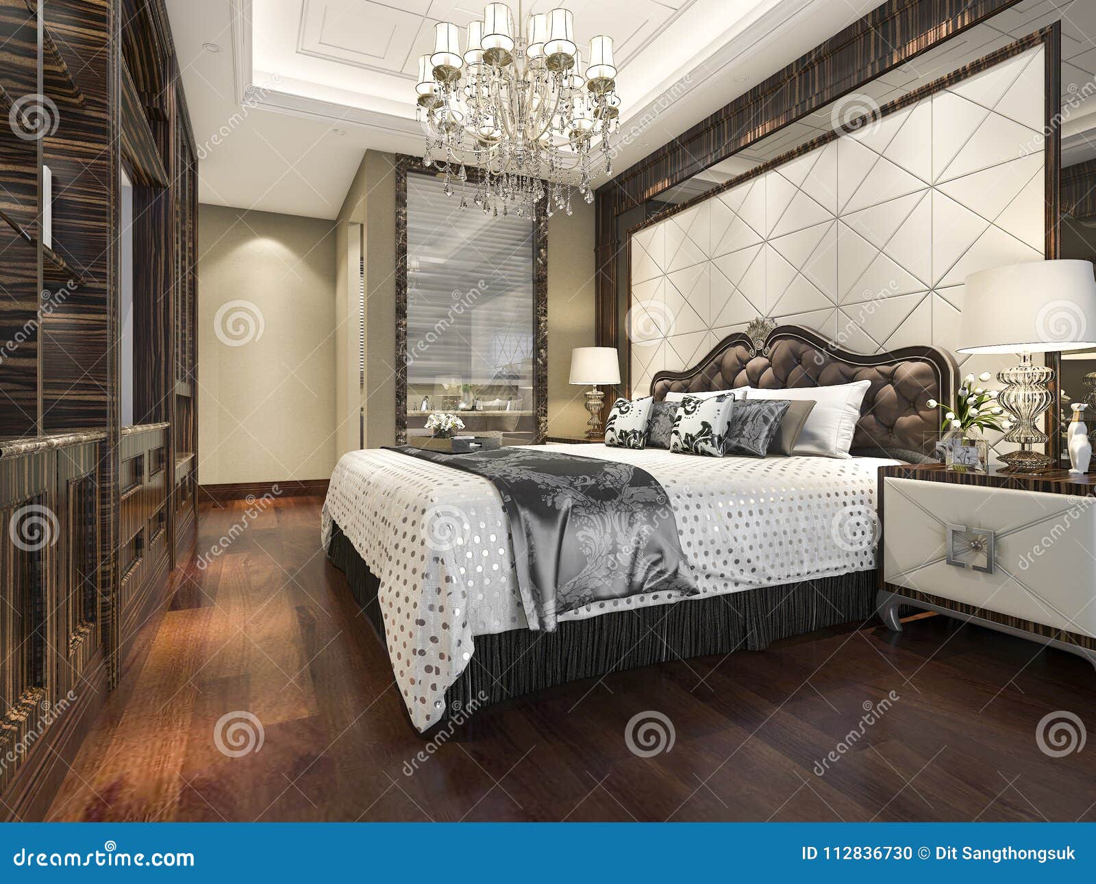 3d Rendering Wood Classic Bedroom Suite With Bookshelf And
