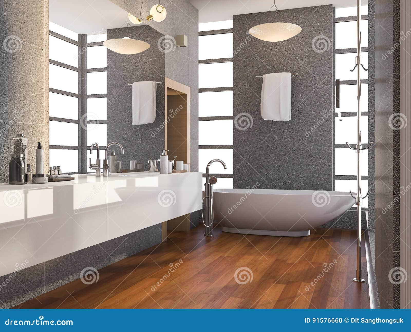 3d Rendering Wood Modern Bathroom with Window and Stone Tile Wall in ...