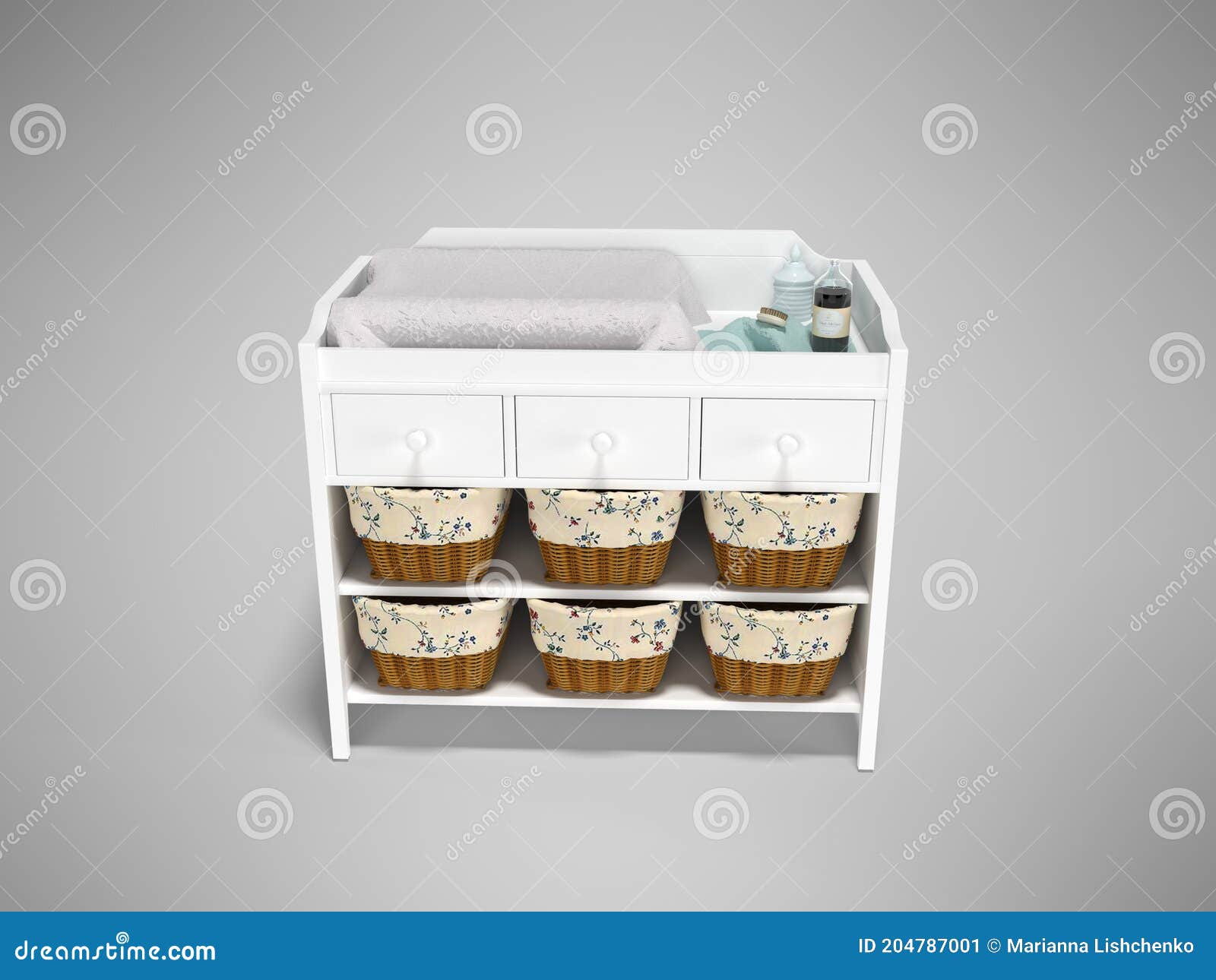 3D Rendering Wooden Changing Table with Baskets Front View Gray Background with Shadow Stock