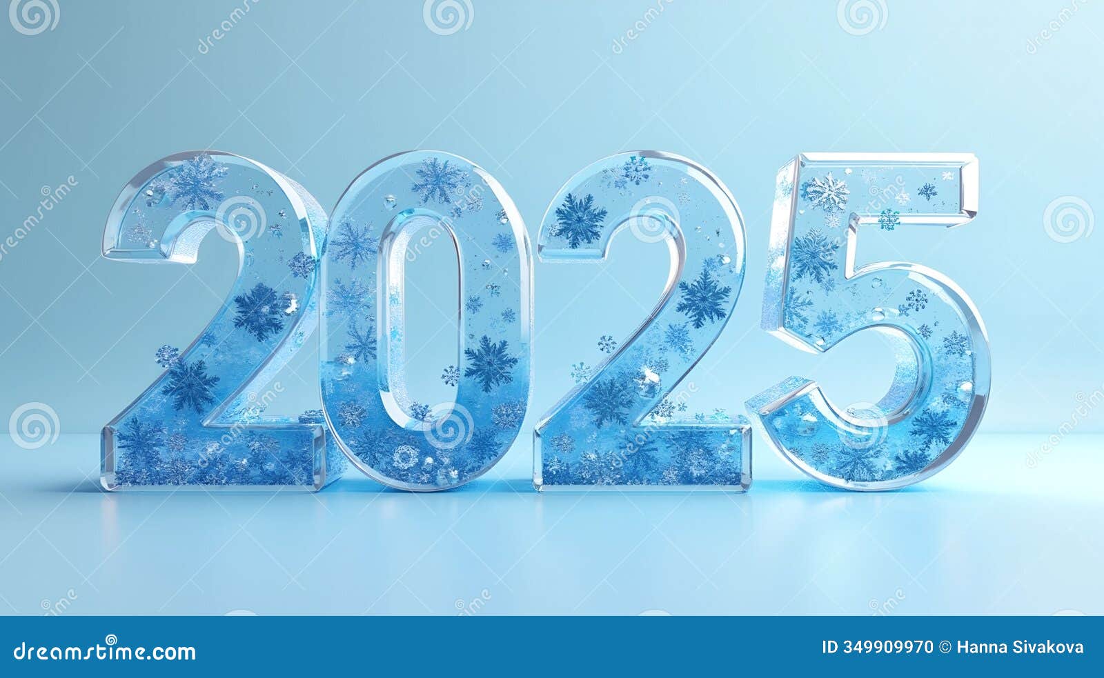 a 3d rendering of the year 2025, depicted in transparent blue glass with an intricate frosty, snowflake-like pattern
