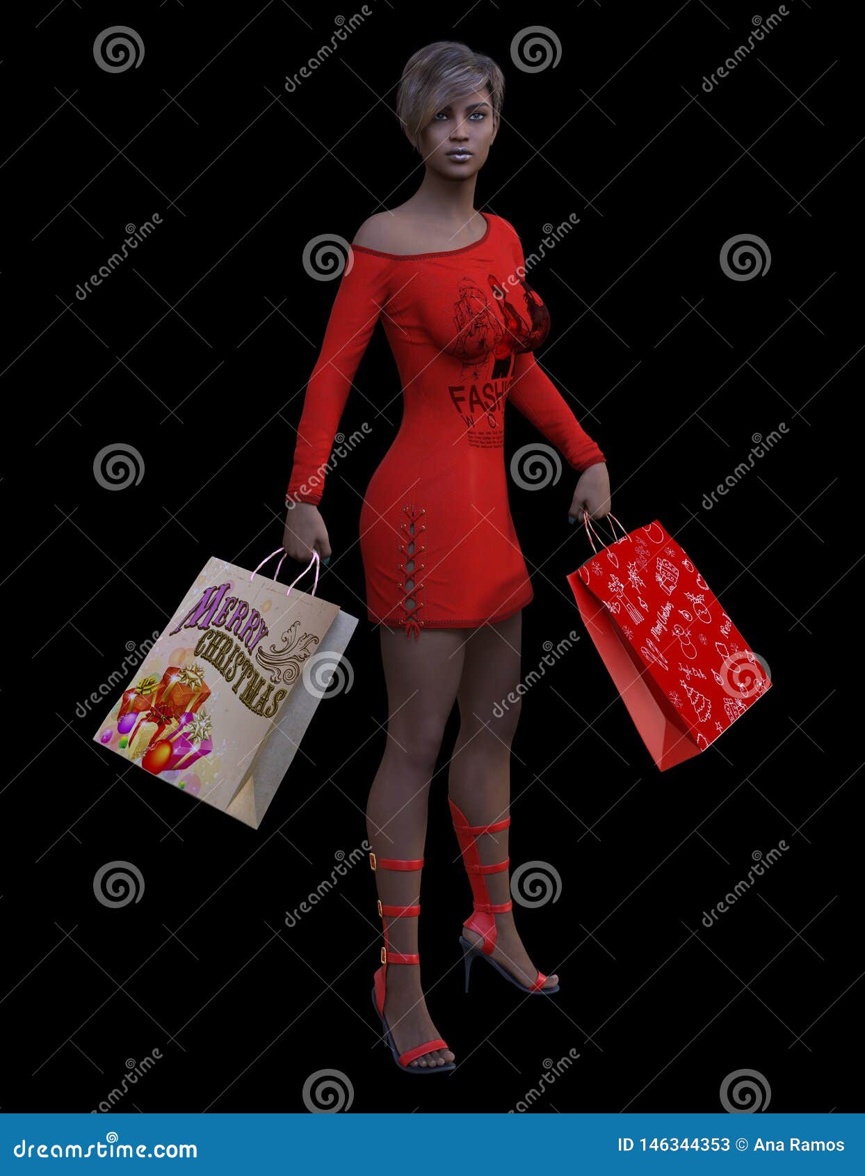 3d Rendering of Young Woman Holding Shopping Bags. Stock Illustration ...
