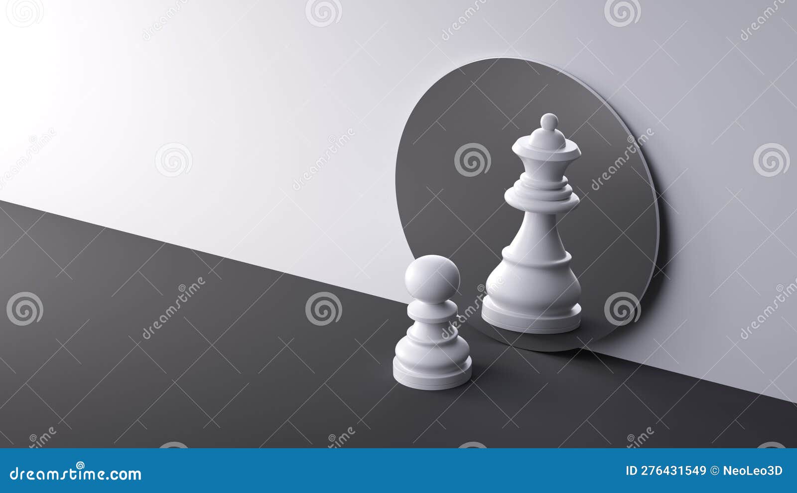 Uma peça de xadrez está em frente a um espelho que tem um peão branco sobre  ela.