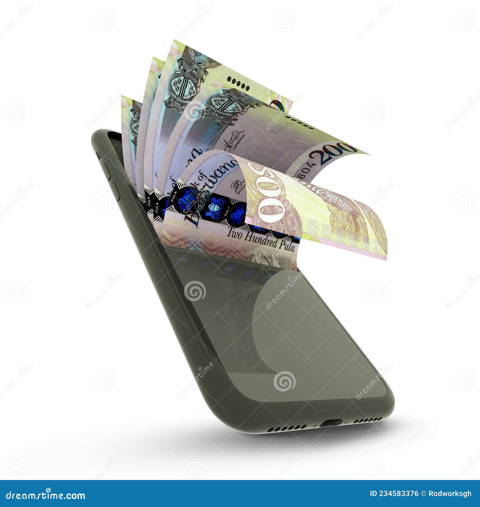 3d rending of botswanan pula notes inside a mobile phone