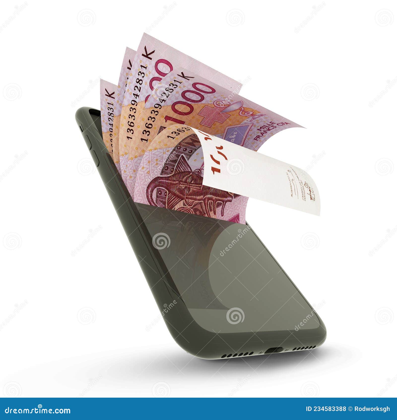 3d rending of cfa frank notes inside a mobile phone