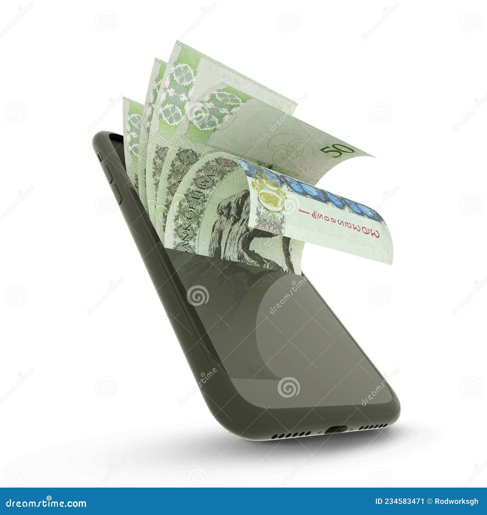 3d rending of libyan dinar notes inside a mobile phone