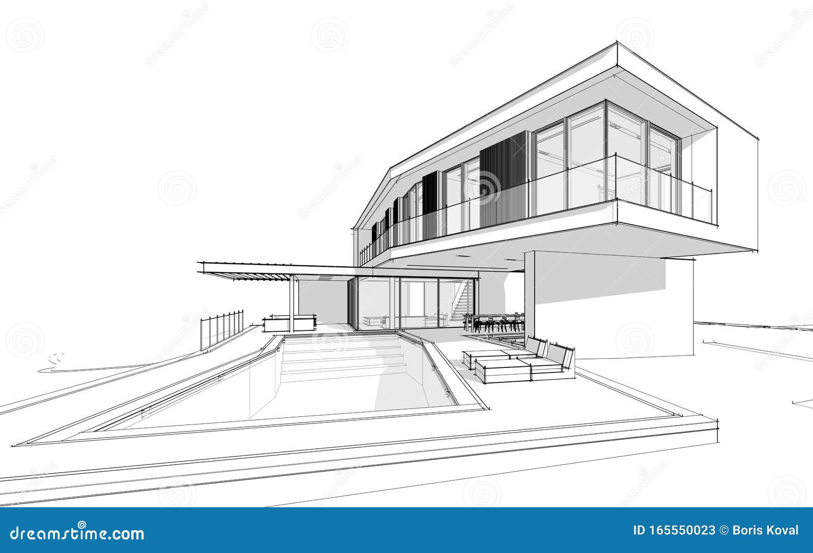 3d Representación De La Casa Moderna En La Colina Con La Línea Negra De