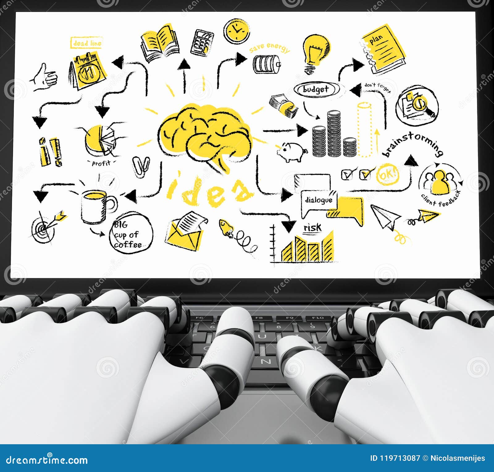 3d robotic hands typing on a laptop with innovation sketch