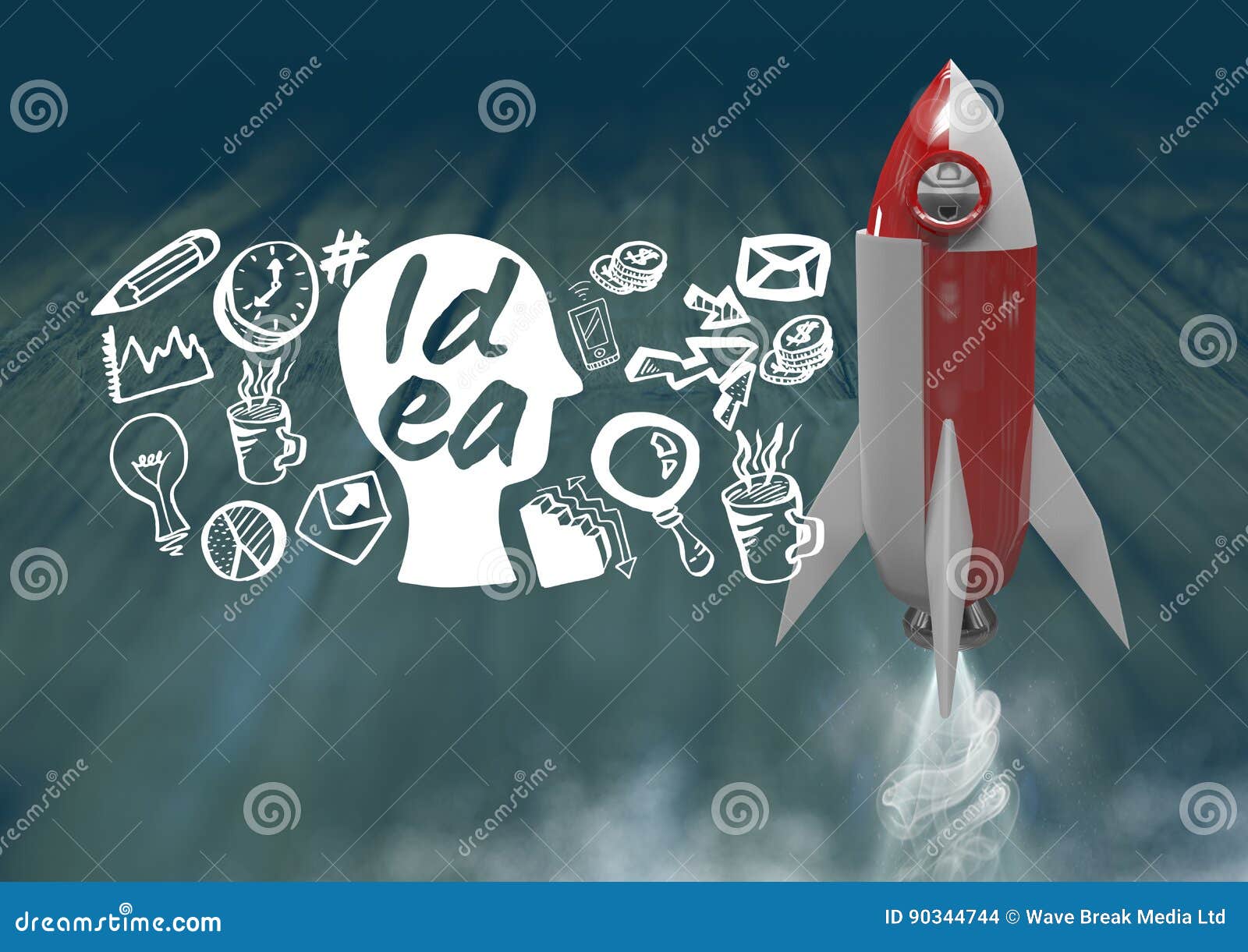 3D Rocket Flying and Idea Text with Drawings Graphics Stock