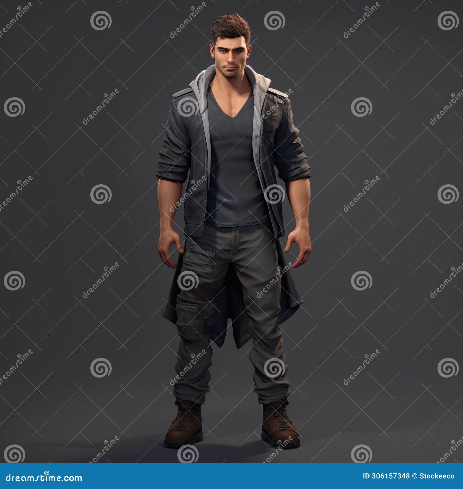 3d roguelike male game character in dark suit and jacket