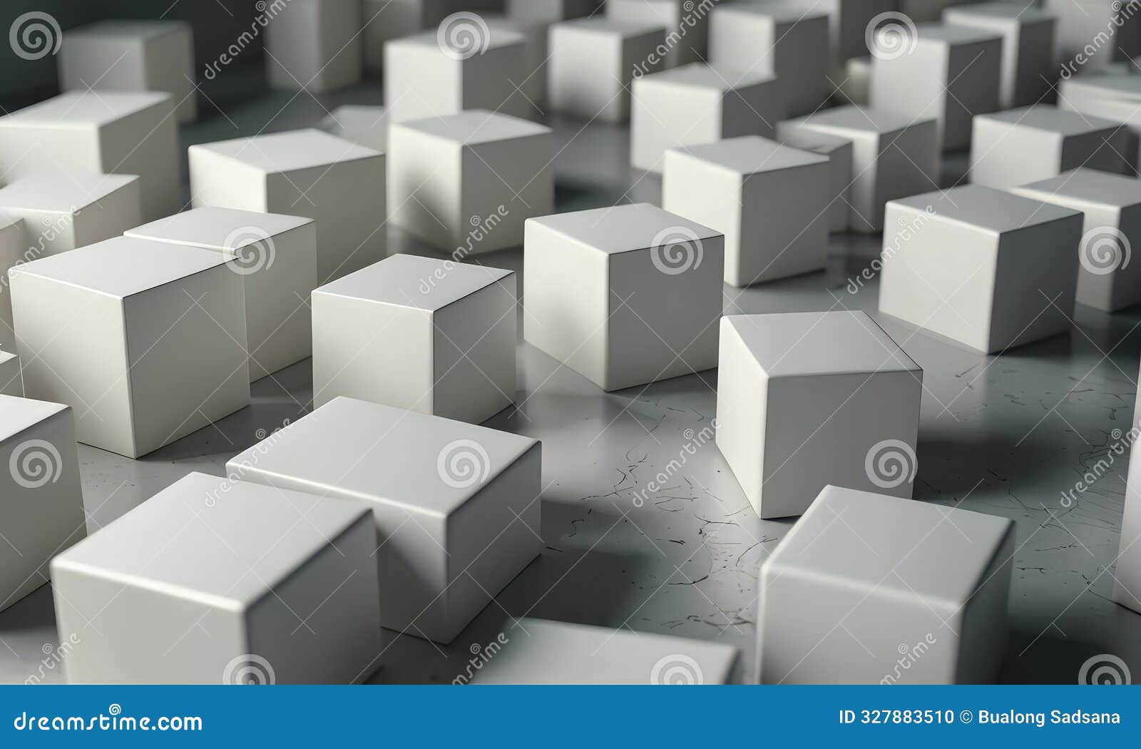 3d room filled with numerous white cubes arranged in grid-like pattern, creating sense depth and perspective.