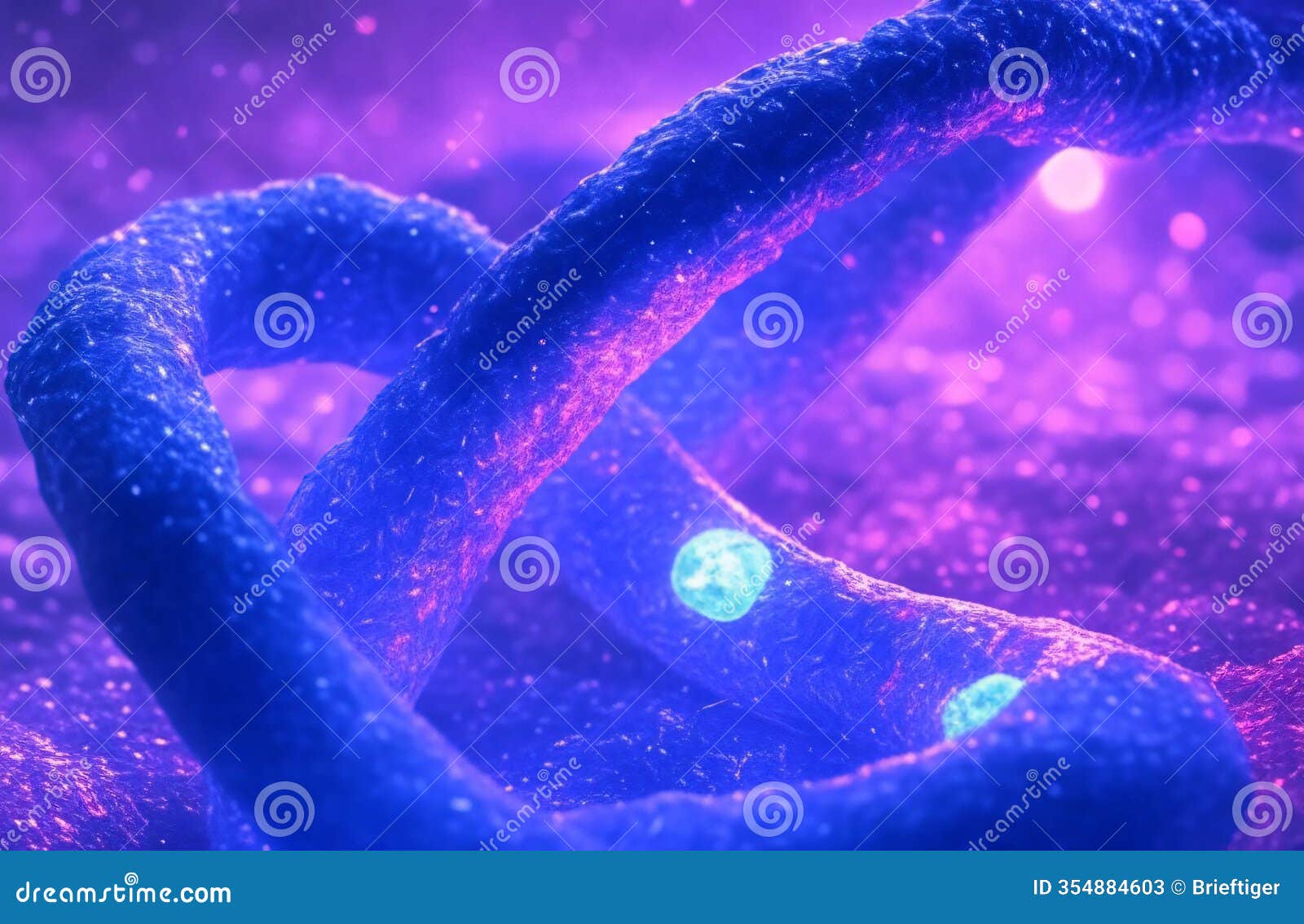 detailed 3d chromatin fiber with glowing nucleosomes in blue and pink