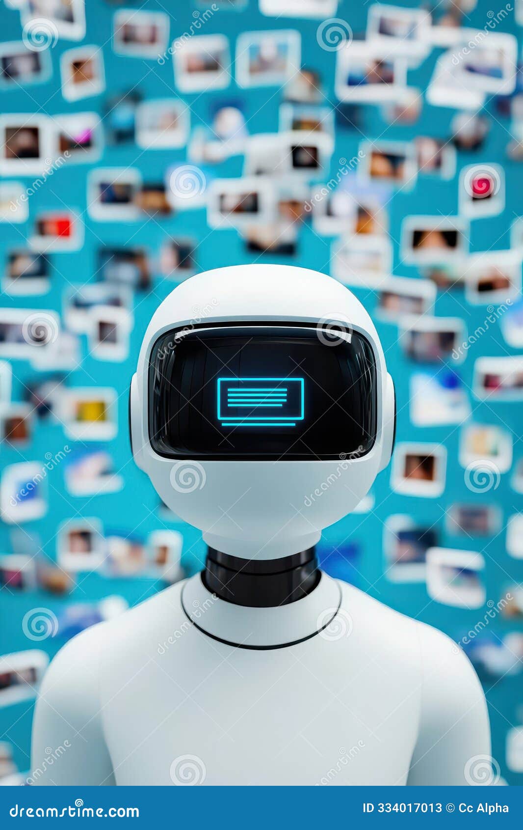 a 3d search engine robot curating a gallery of floating images and text, izing personalized search results