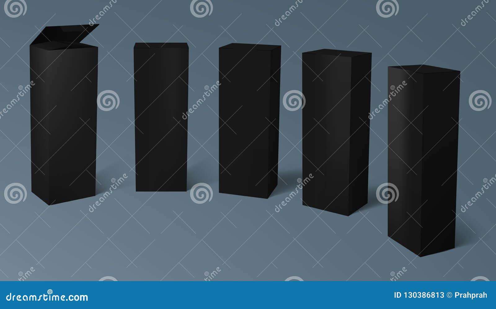 3D Set of Realistic Vertical Tall Black Cardboard Boxes Stock