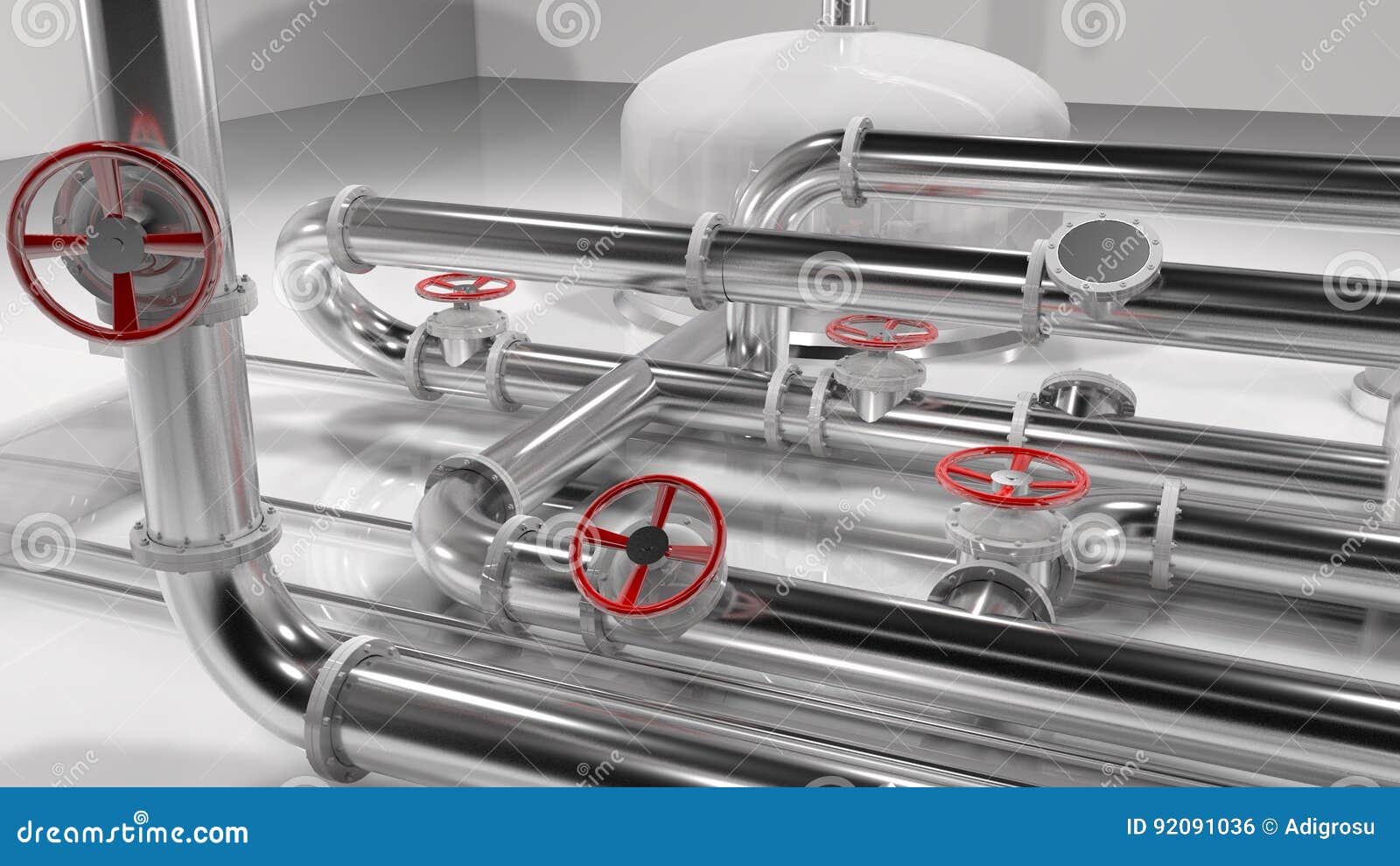 3D Shiny Metallic Pipes And Red Control Wheels In A Pipes Structure