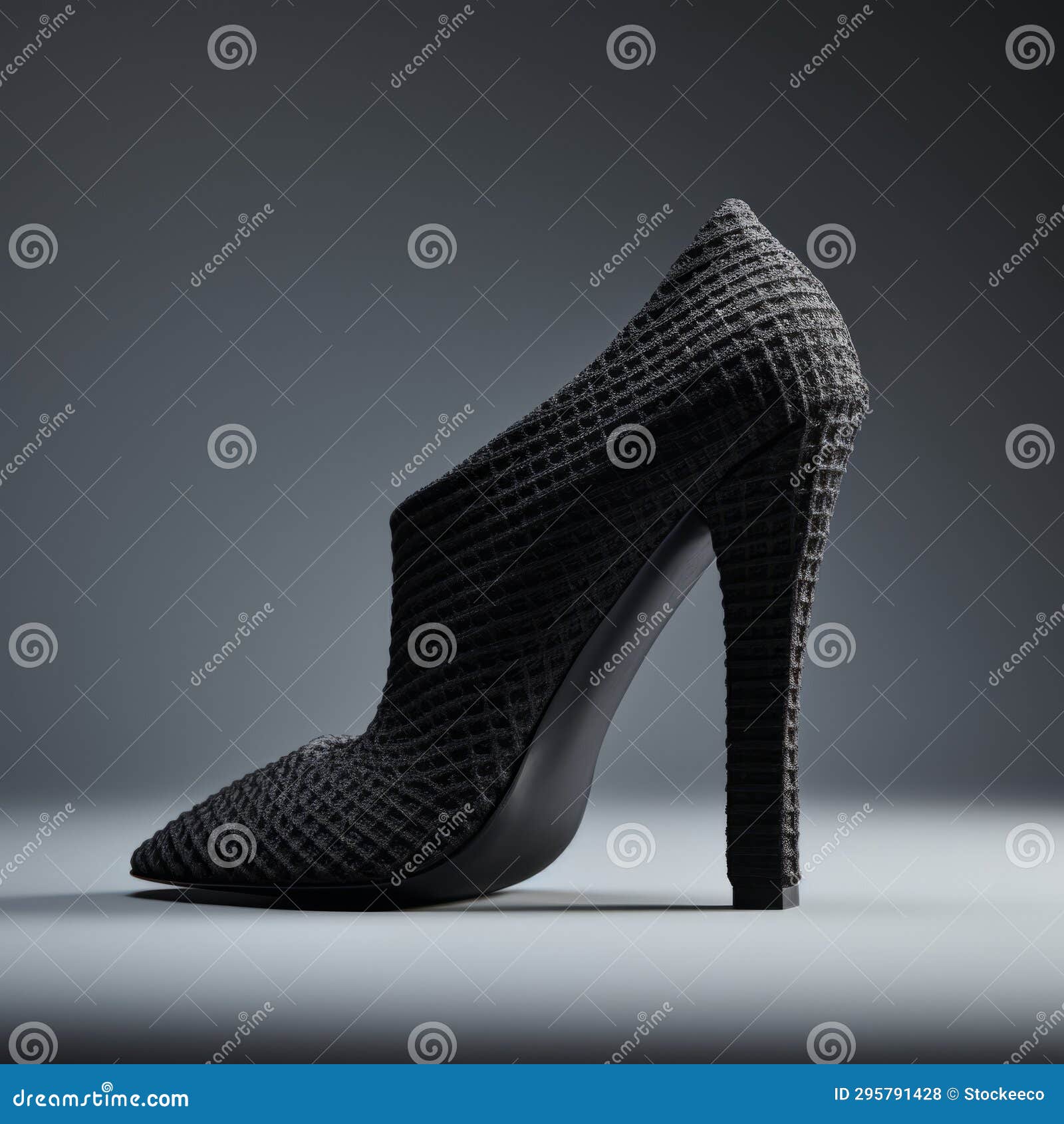 3d printed high heeled black shoe with crosshatched shading