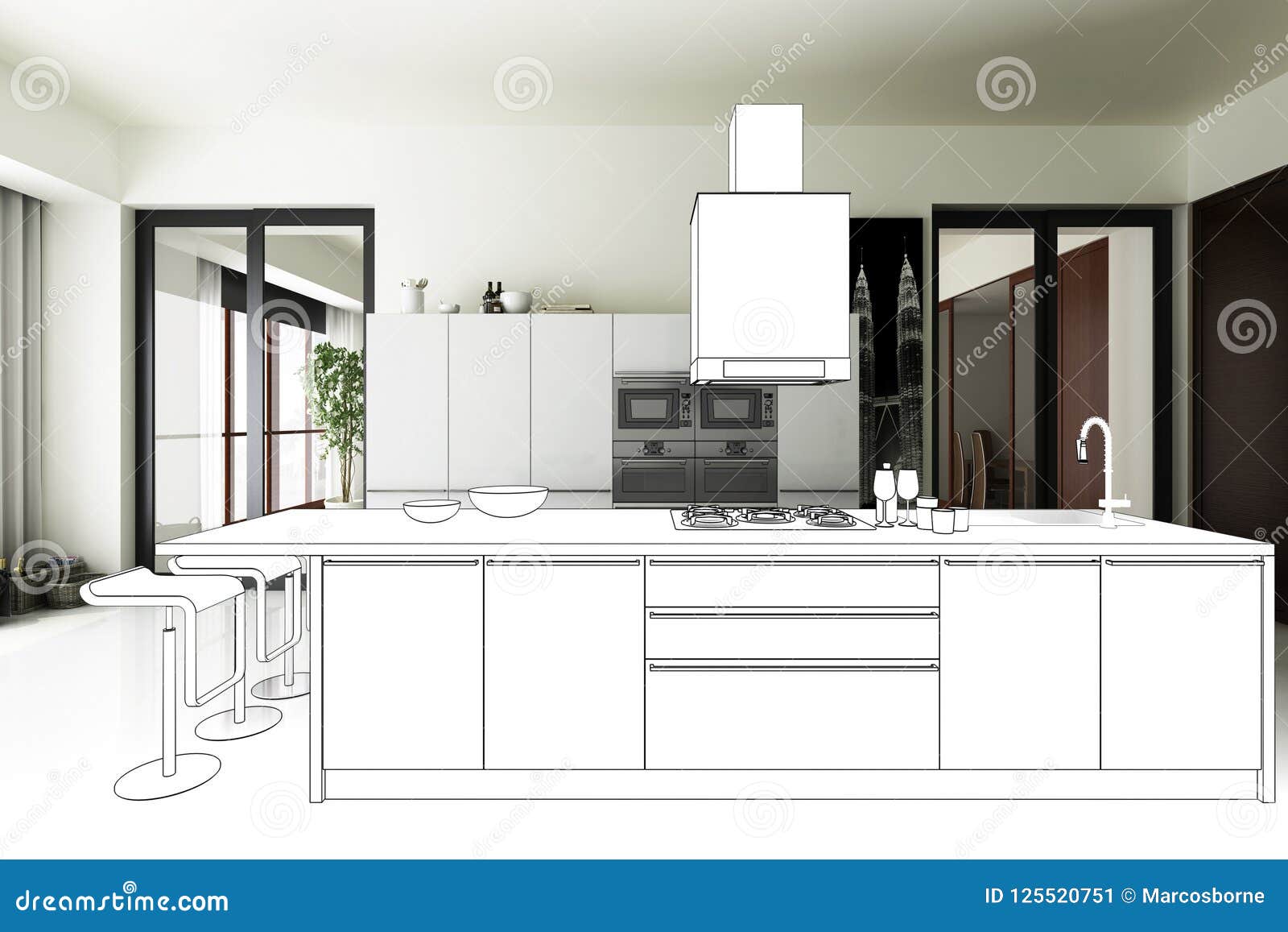 Kitchen-Project sketch stock illustration. Illustration of chairs